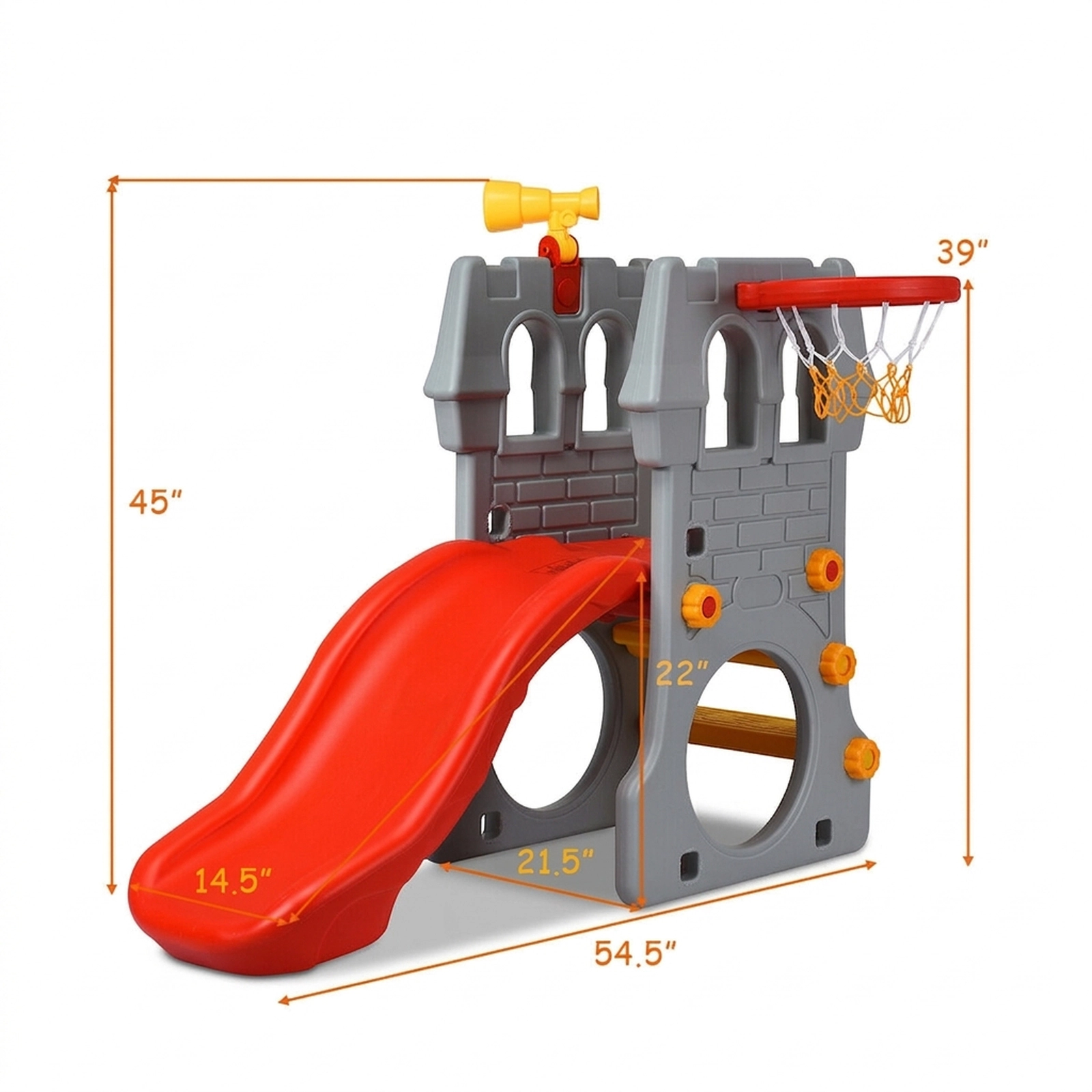 5-in-1 Toddler Climber Slide Playset 12-in Basketball Hoop Football Goal Telescope Guardrails 110-lb Capacity Ages 3-8