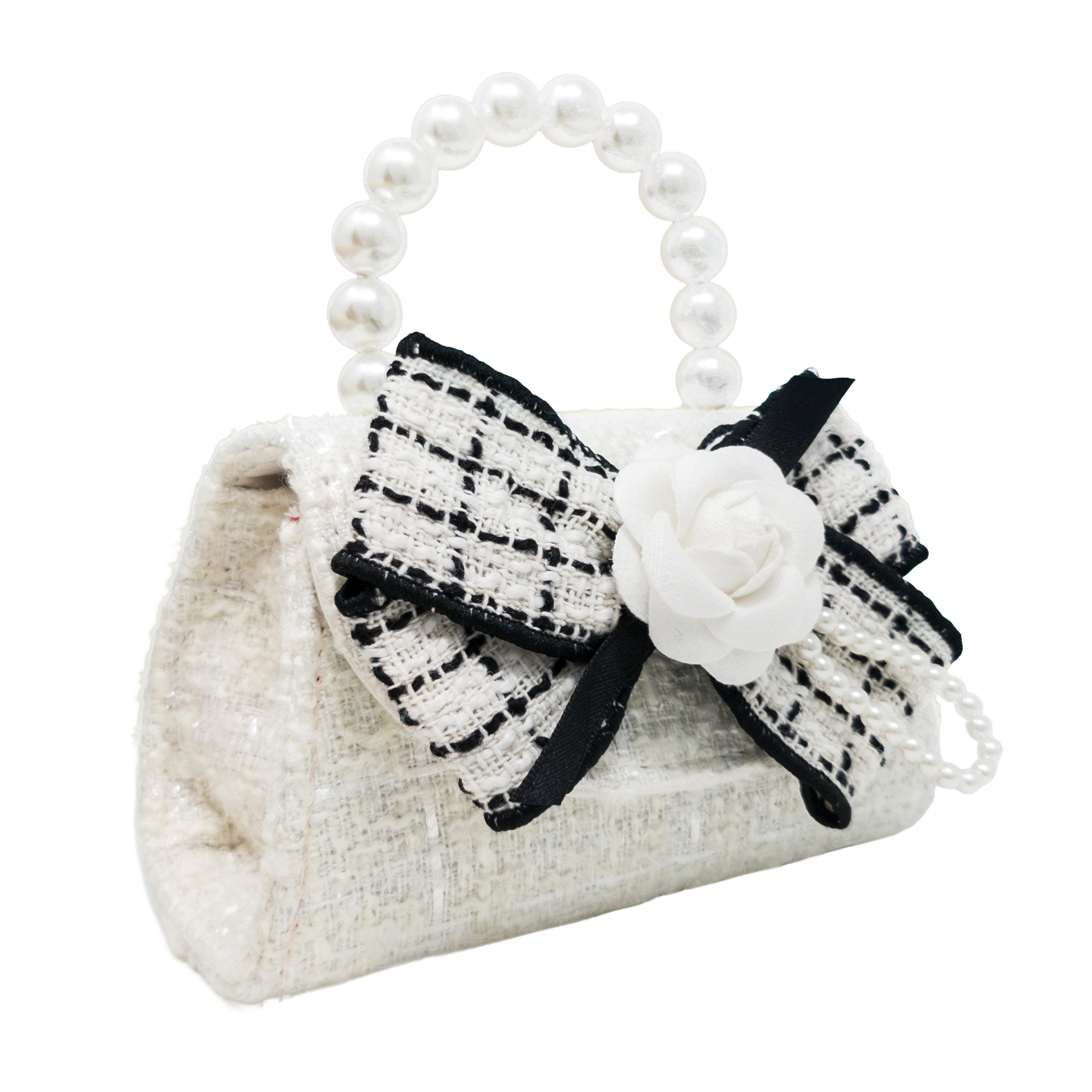Puttisu Kids Coco Ribbon Tweed Handbag with Pearl Handle