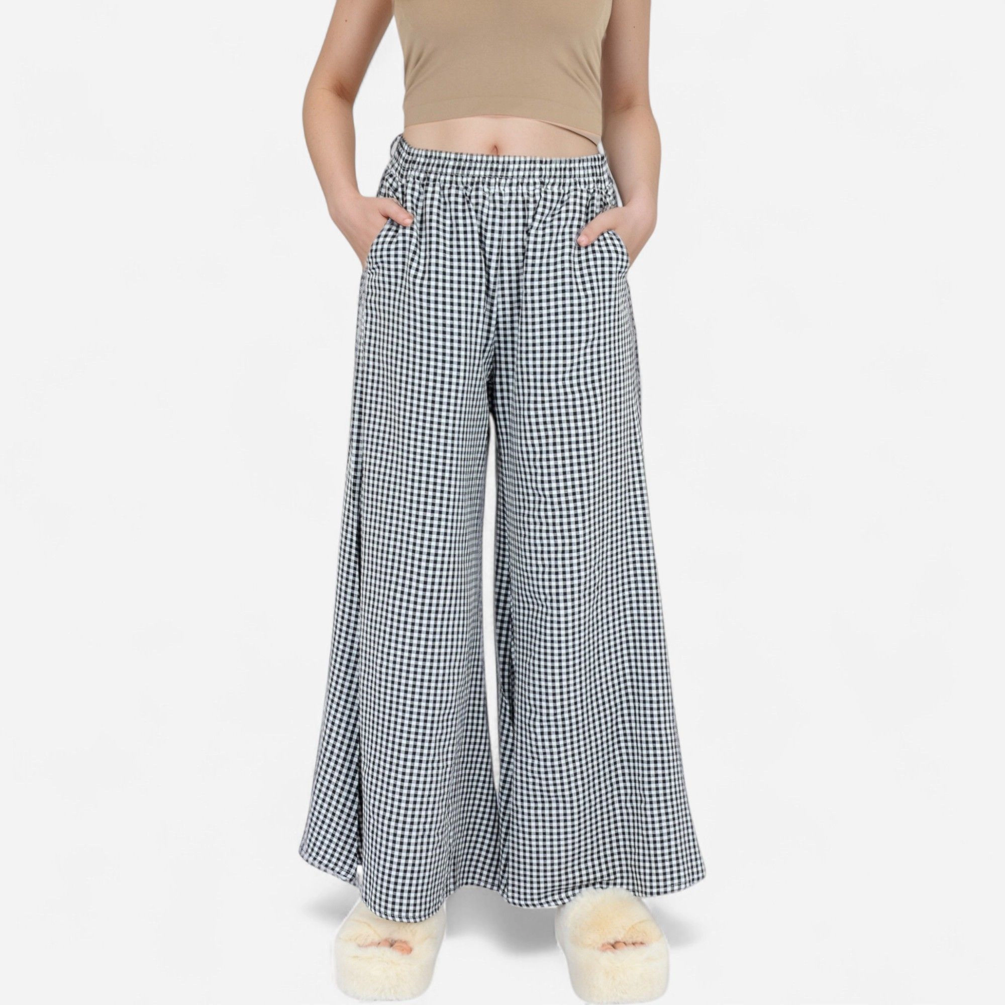 Anna-Kaci Women's Gingham Wide Leg Lounge Pants with Elastic Waistband Side Pockets and Draped Full-Length Fit