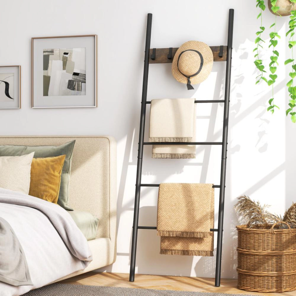 Hivvago Wall-Leaning Decorative Blanket Holder With 5 Removable Hooks