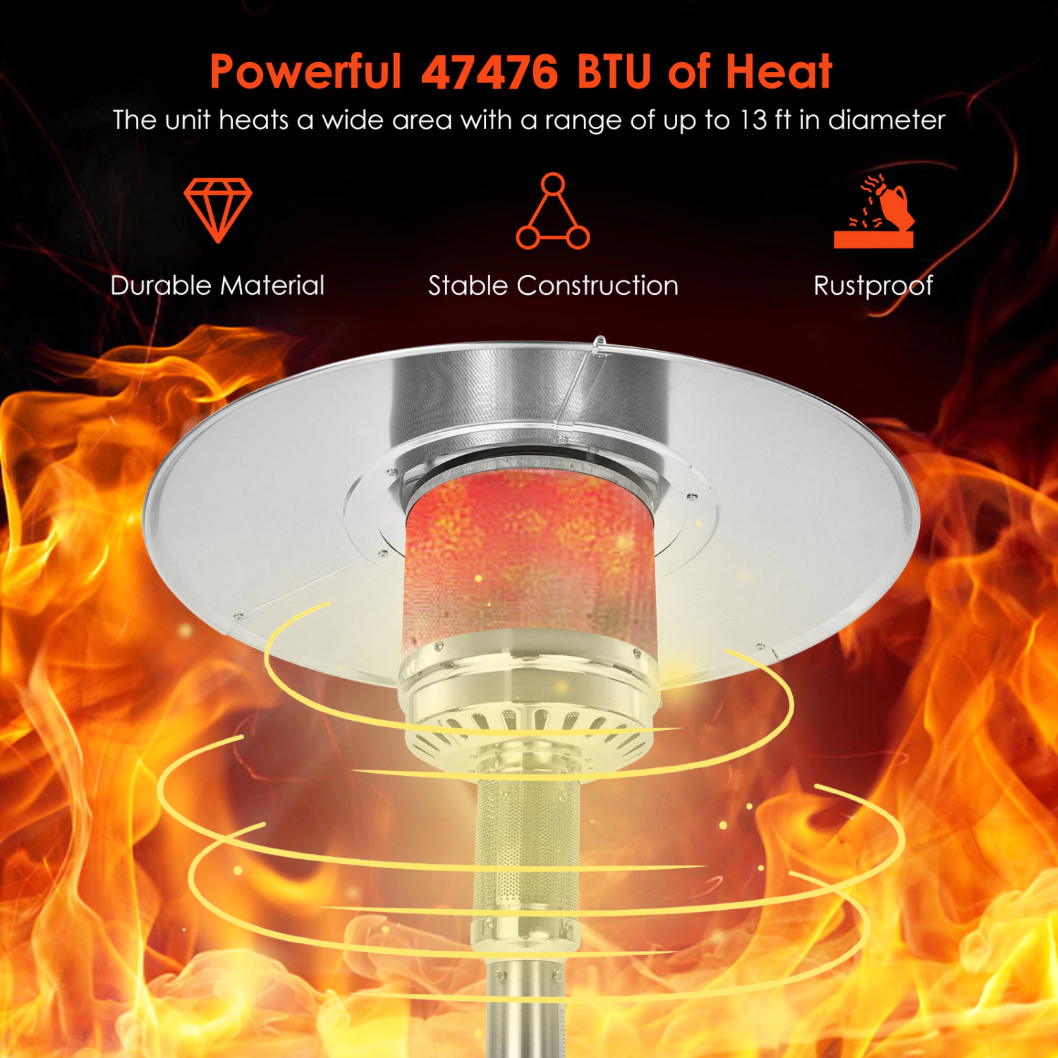 LJG 50000 BTU Stainless Steel Propane Patio Heater with Trip Over Protection