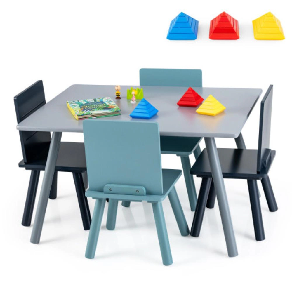 Hivvago 5 Pieces Kids Wooden Activity Play Furniture Set With Building Blocks-Blue