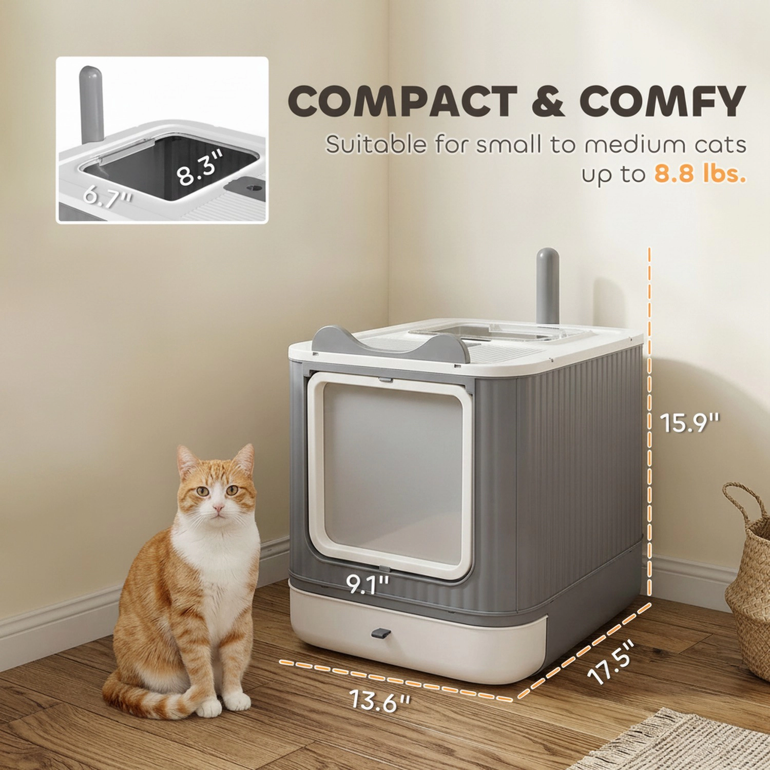 HONGGE Cat Litter Box with Lid, Enclosed Litter Box for Medium Cats, Front-Entry and Top-Exit, Scoop, Deodorizer Bag