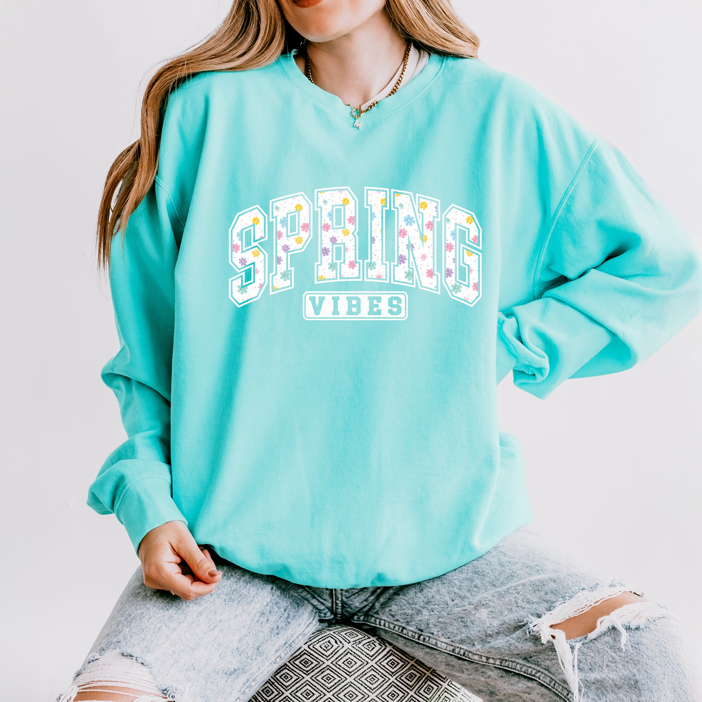 Simply Sage Market - Spring Vibes Varsity Women's Lightweight Garment Dyed Sweatshirt