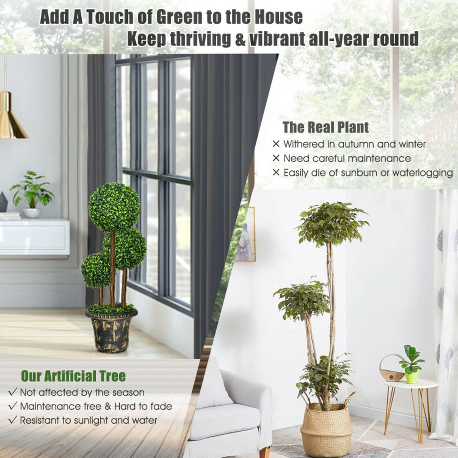 SUGIFT 36-in Artificial Triple Ball Topiary Tree with Real Wood Rattan Iron Tube Frame and Cement Pot