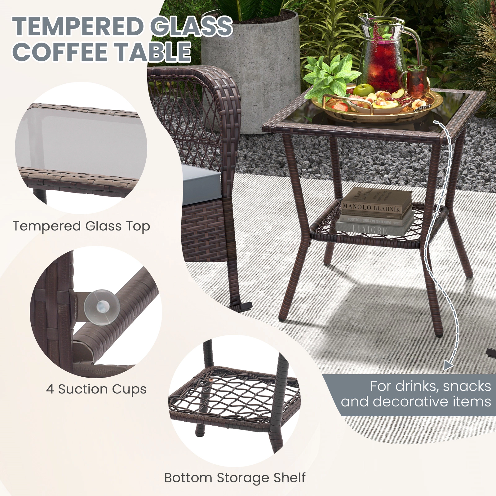 SUGIFT 3-Piece Rocking Conversation Bistro Set 2-Tier Coffee Table 440-lb Rocker Capacity Mix Brown Rattan Gray Cushions