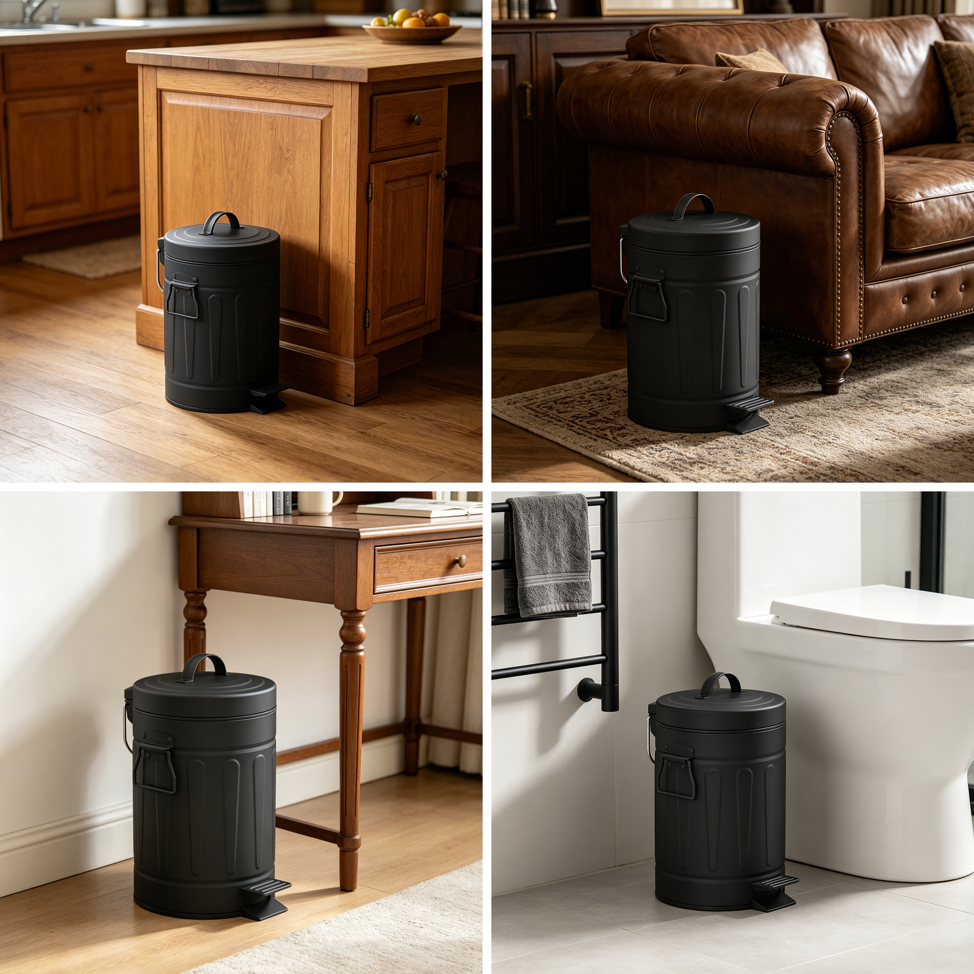 Innovaze 3.2 Gal./12 Liter and 0.8 Gal./3 Liter Old Time Style Round Black Color Metal Step-on Trash Can Set