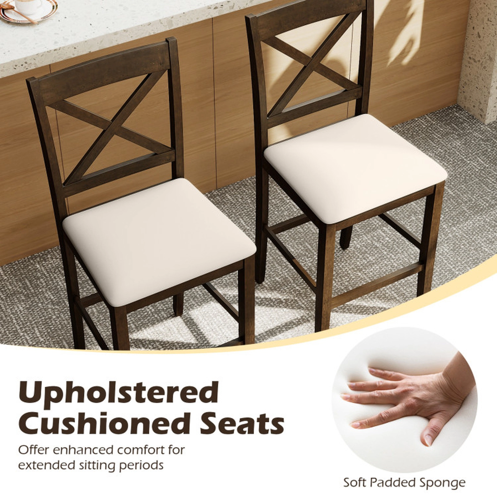 SUGIFT X-Back Counter-Height Bar Stools with Upholstered Cushioned Seats 330-lb Capacity Dark Brown and Cream