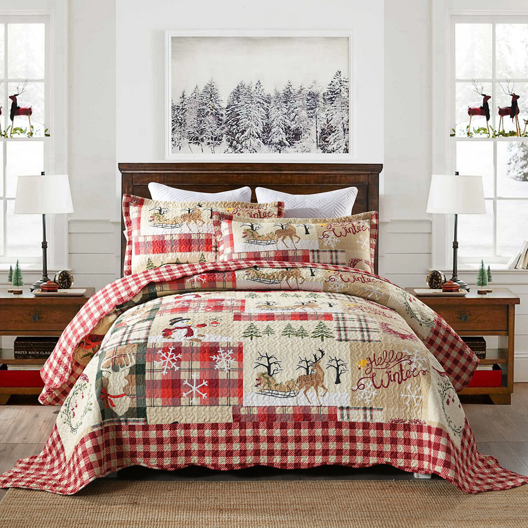 MarCielo 3 Piece Christmas Quilt Bedspread Set, Rustic Lodge Deer Plaid Coverlet Set Lightweight
