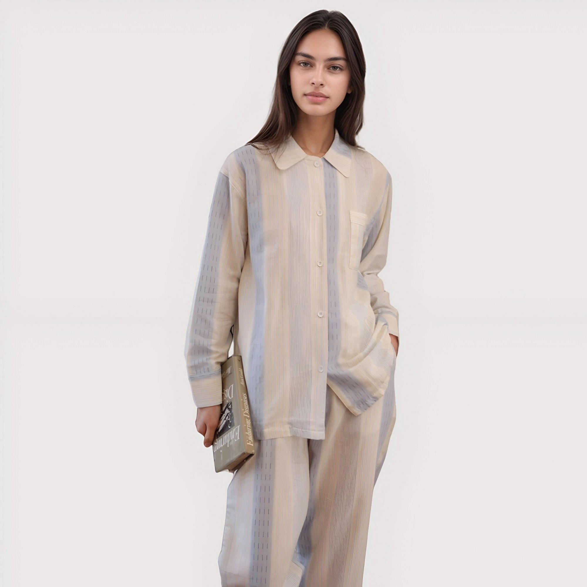 Anna-Kaci Women's Striped Woven Pajama Set with Collared Long Sleeve Top and Cuffed Wide Leg Pants