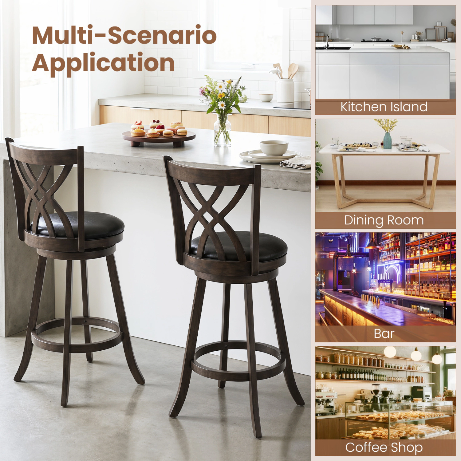 Glintex 4-Piece Swivel Bar Stool Set with Hollowed Backrest, Gray
