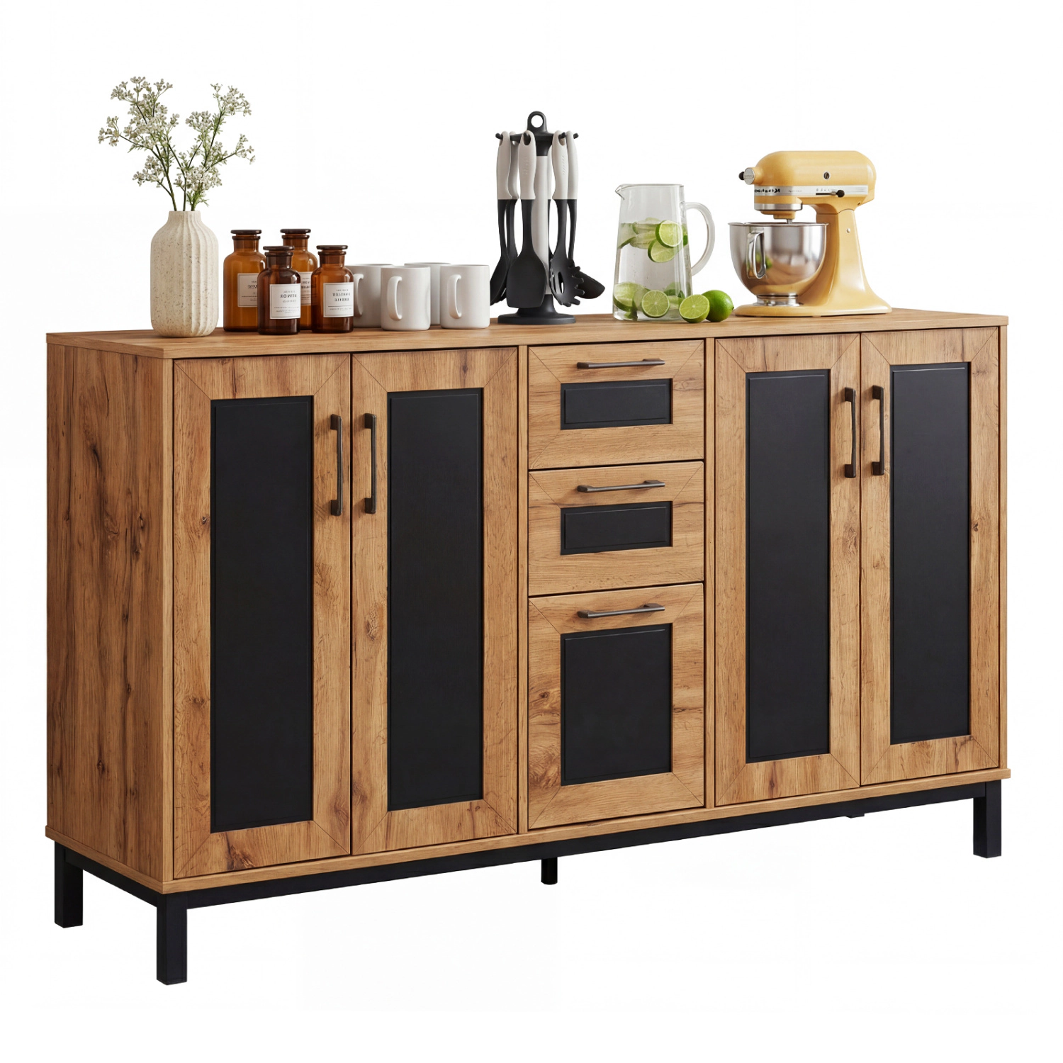 Glintex 63-Inch Sideboard with 3 Drawers and 2 Double-Door Cabinets, Natural + Black