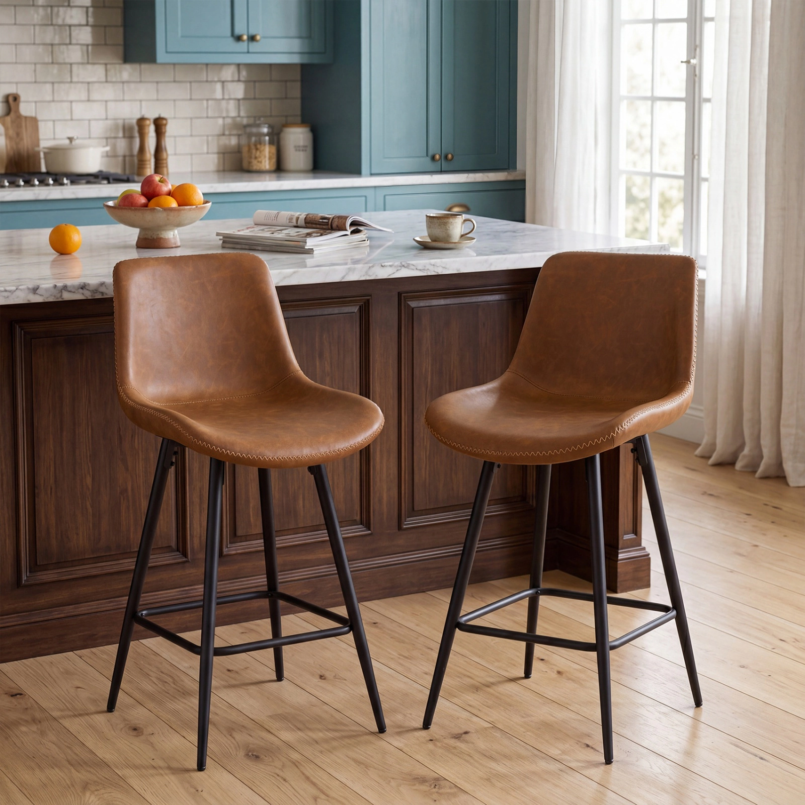 SUGIFT Set of 2 Counter Height Bar Stools, 24-In Faux Leather Seats, Curved Backs, Footrests, 400-Lb Capacity