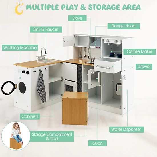Hivvago 2-Pieces Wooden Kids Kitchen Playset With Light And Sound