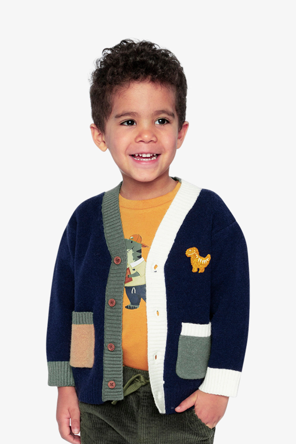 Deux par Boys Button Front Knit Cardigan with Dino Embroidery and Colorblock Pockets