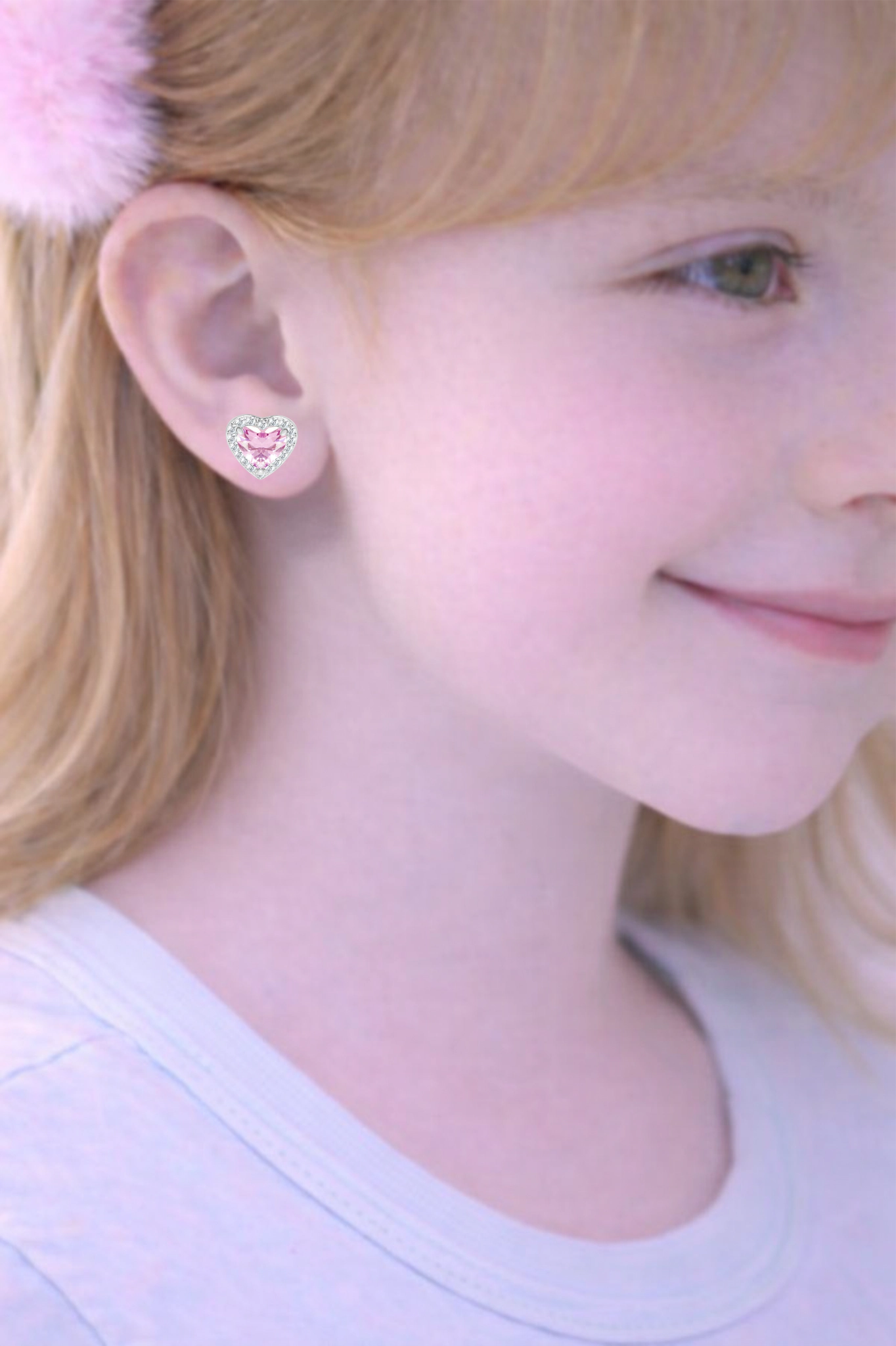 CHANTEUR Kids Heart Stud Earrings - Hypoallergenic Surgical Titanium Screwback, Silver-Plated with Pink Cubic Zirconia