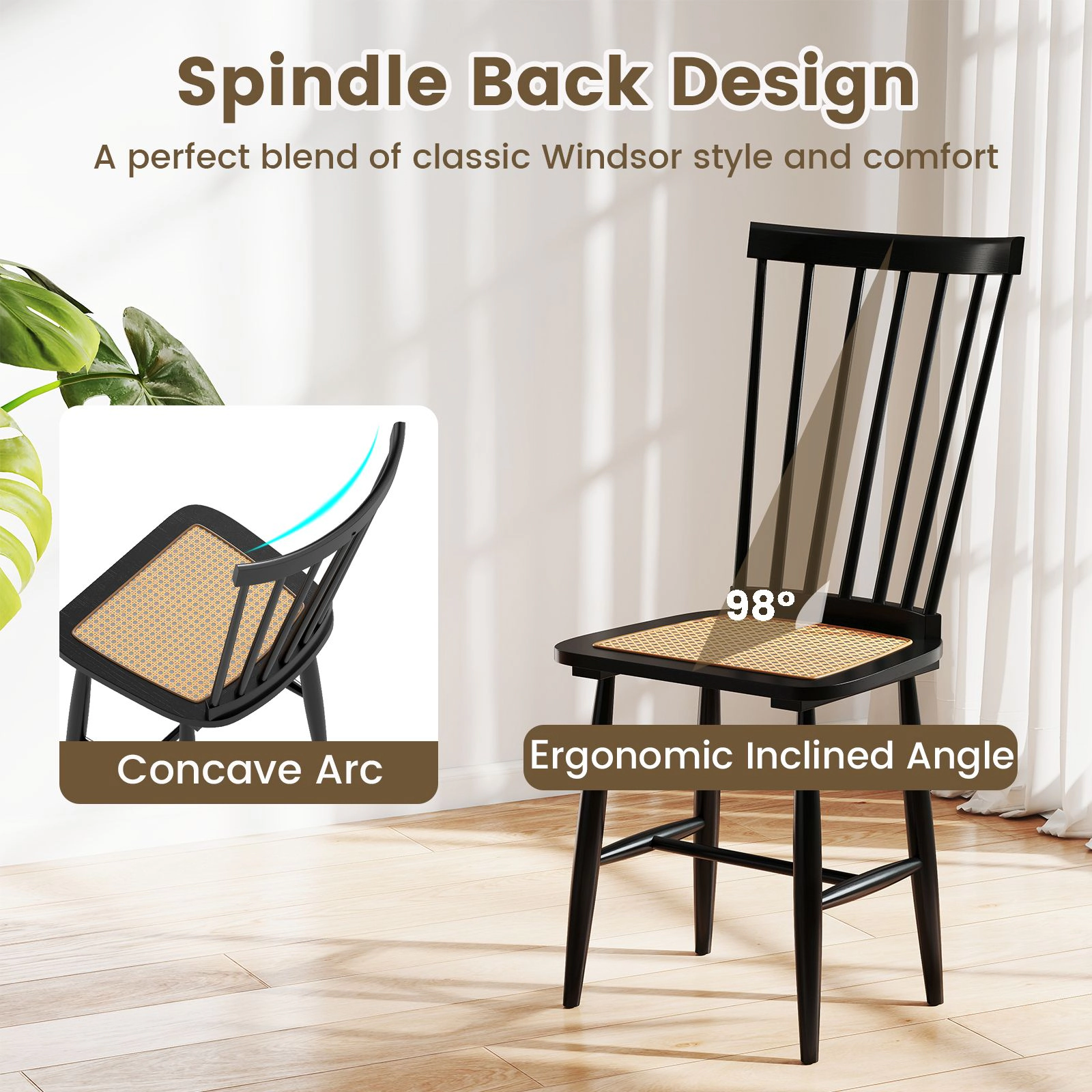 SlickBlue Farmhouse Windsor Chairs, Spindle Back, Rubber Wood Frame
