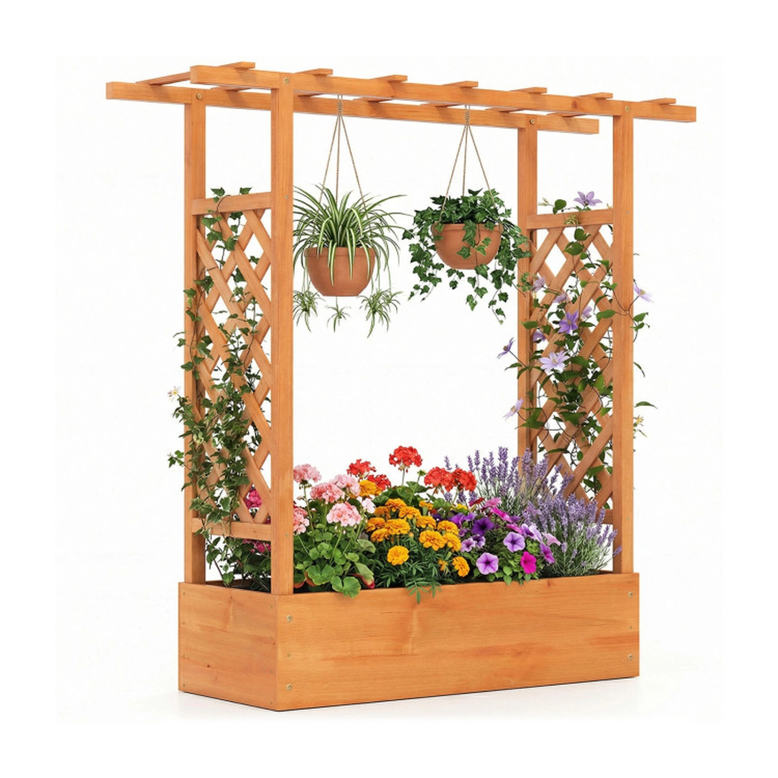 SUGIFT 45-in Tall 110-lb Capacity Fir Wood Raised Garden Bed with Dual Side Trellis and Flat Hanging Roof