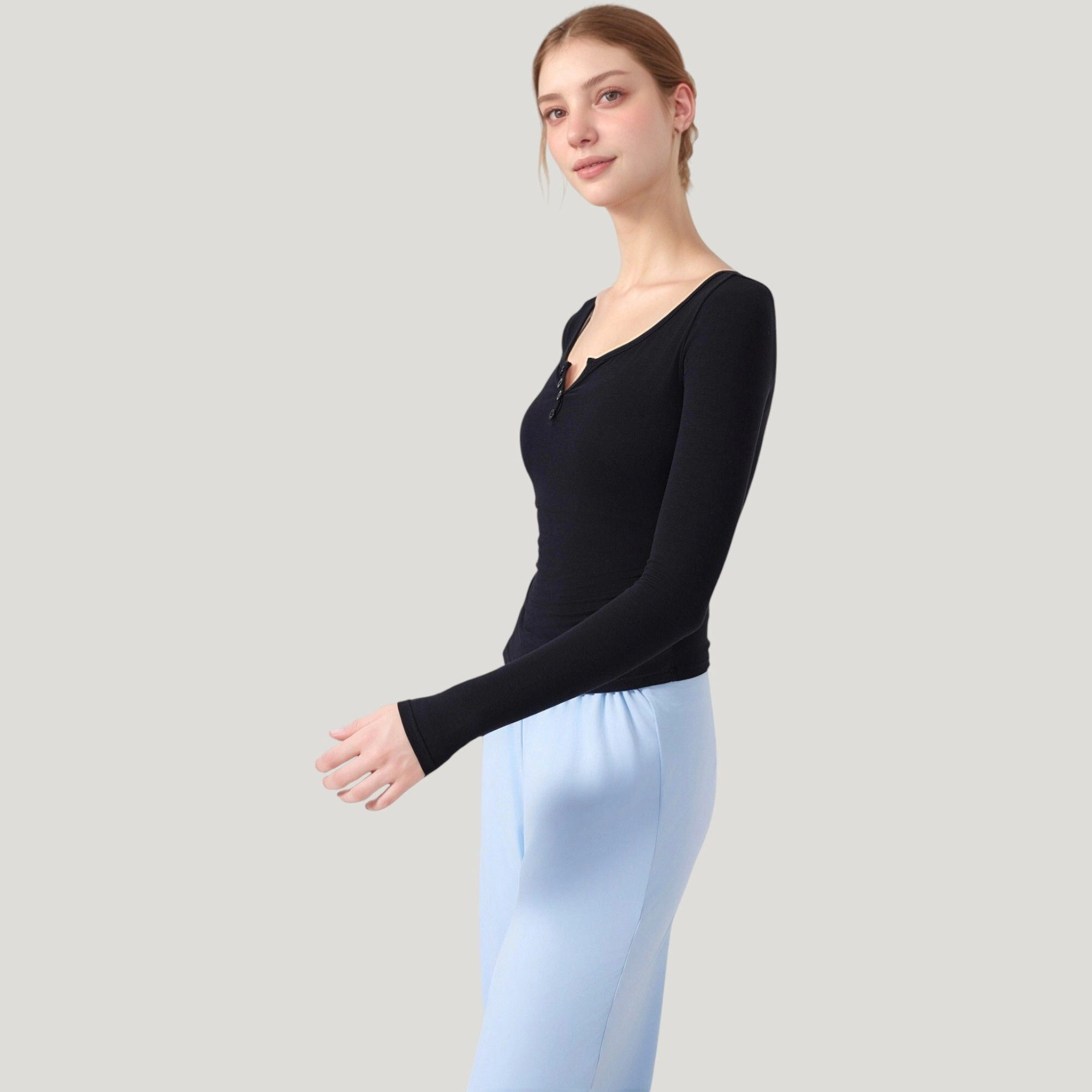 Anna-Kaci Women's Long Sleeve Henley Activewear Top with Scoop Neckline and Streamlined Fitted Silhouette