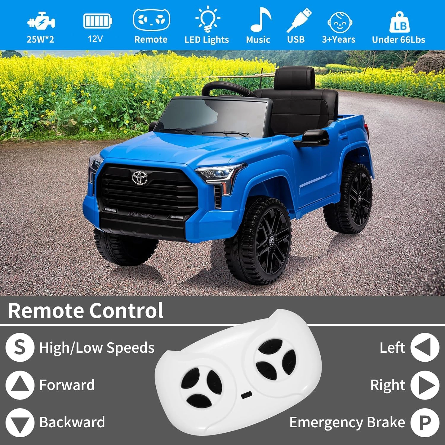 12V Licensed Toyota Tundra Kids Ride On Truck, Electric Car w/Remote Control, LED Lights, 3 Speeds, Suspension