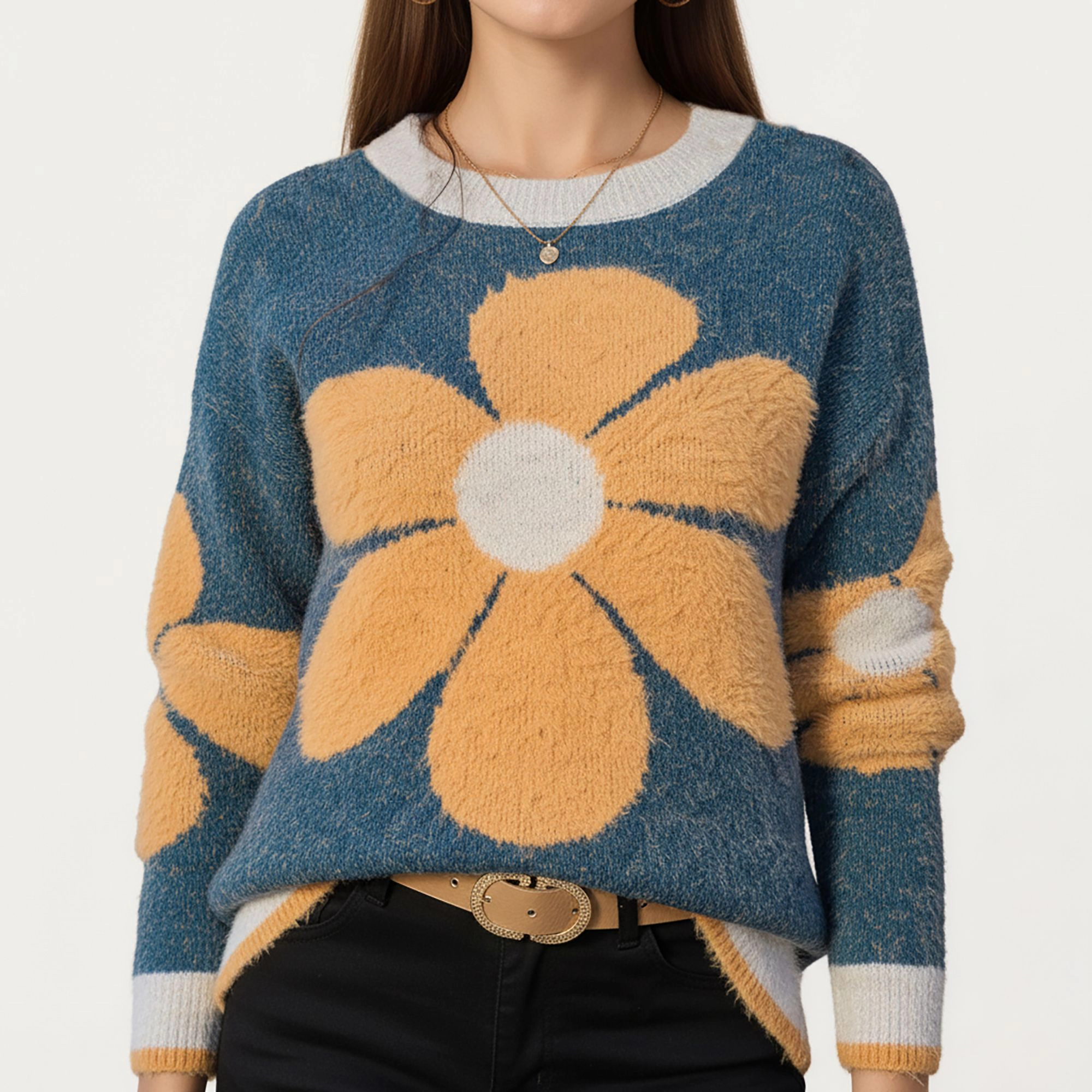 Anna-Kaci Women's Large Floral Graphic Pattern Fuzzy Knit Sweater with Soft Textured Feel Ribbed Crew Neckline