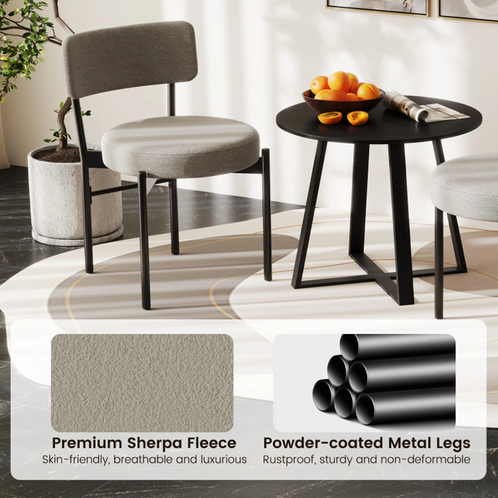 SUGIFT Set of 2 400-lb Capacity Gray Sherpa Upholstered Dining Chairs with Curved Backrest and Metal Legs