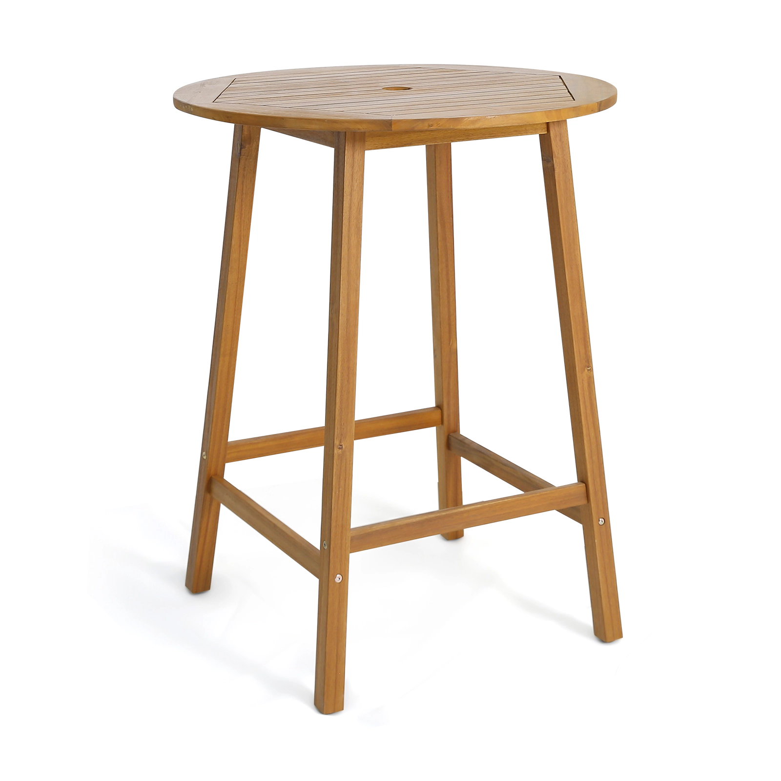 SUGIFT Acacia Wood Bar Height Outdoor Table 31.5-in Round Slatted Top 165-lb Capacity with 2-in Umbrella Hole Natural