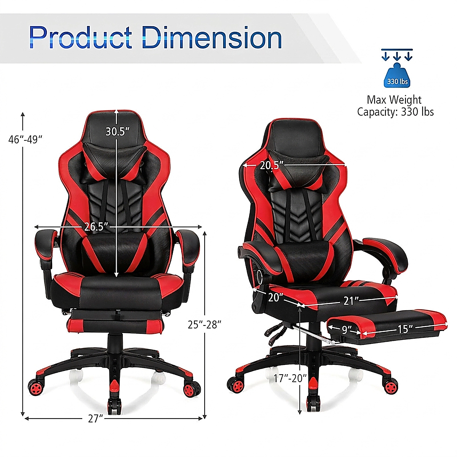 SUGIFT Adjustable Reclining Gaming Chair with Footrest 330-Lb Capacity 27-in Wide Seat 17-20-in Seat Height -49 in Red