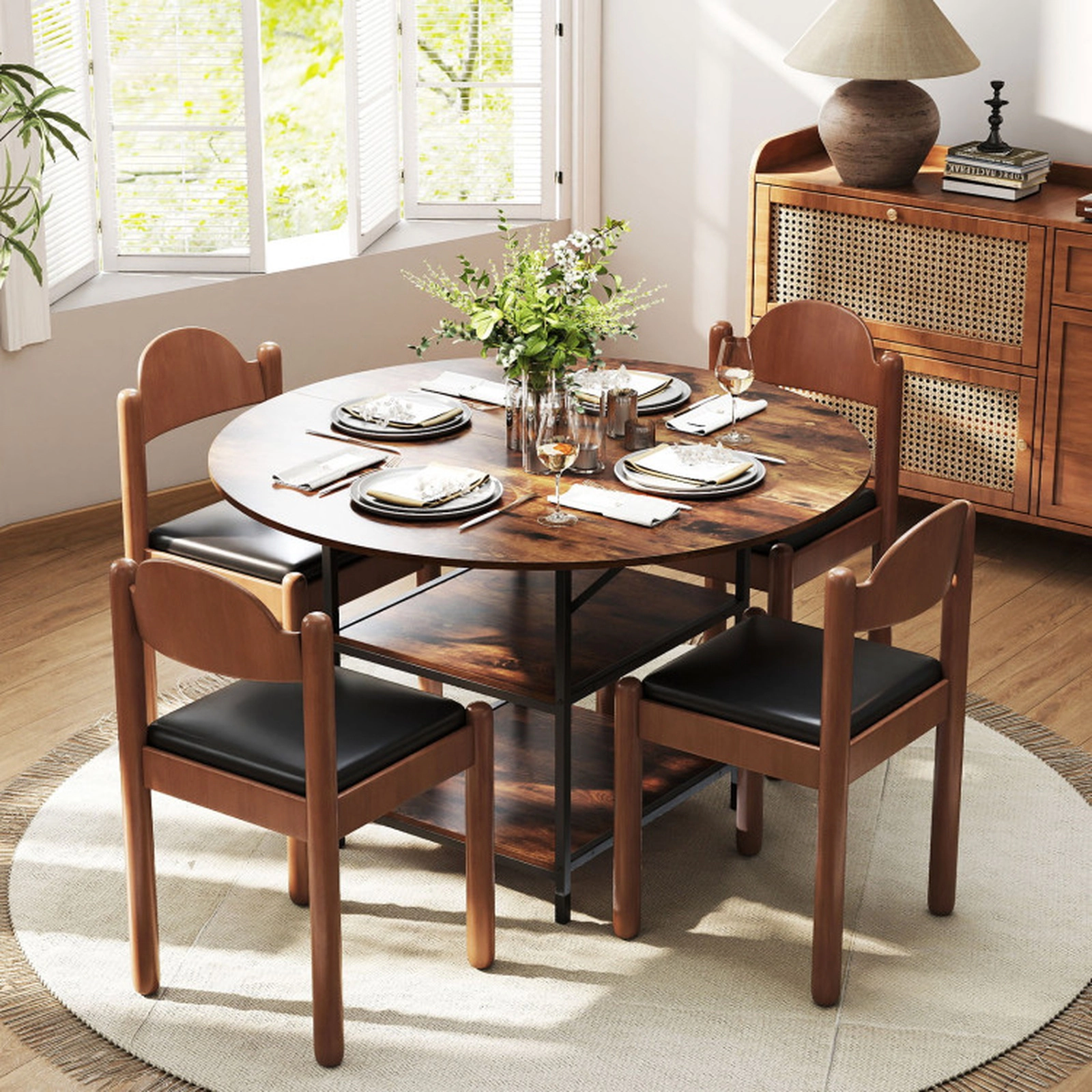 SUGIFT 47-in Round Breakfast Nook Dining Table with 2-Tier Storage Shelves, Seats 4 to 6