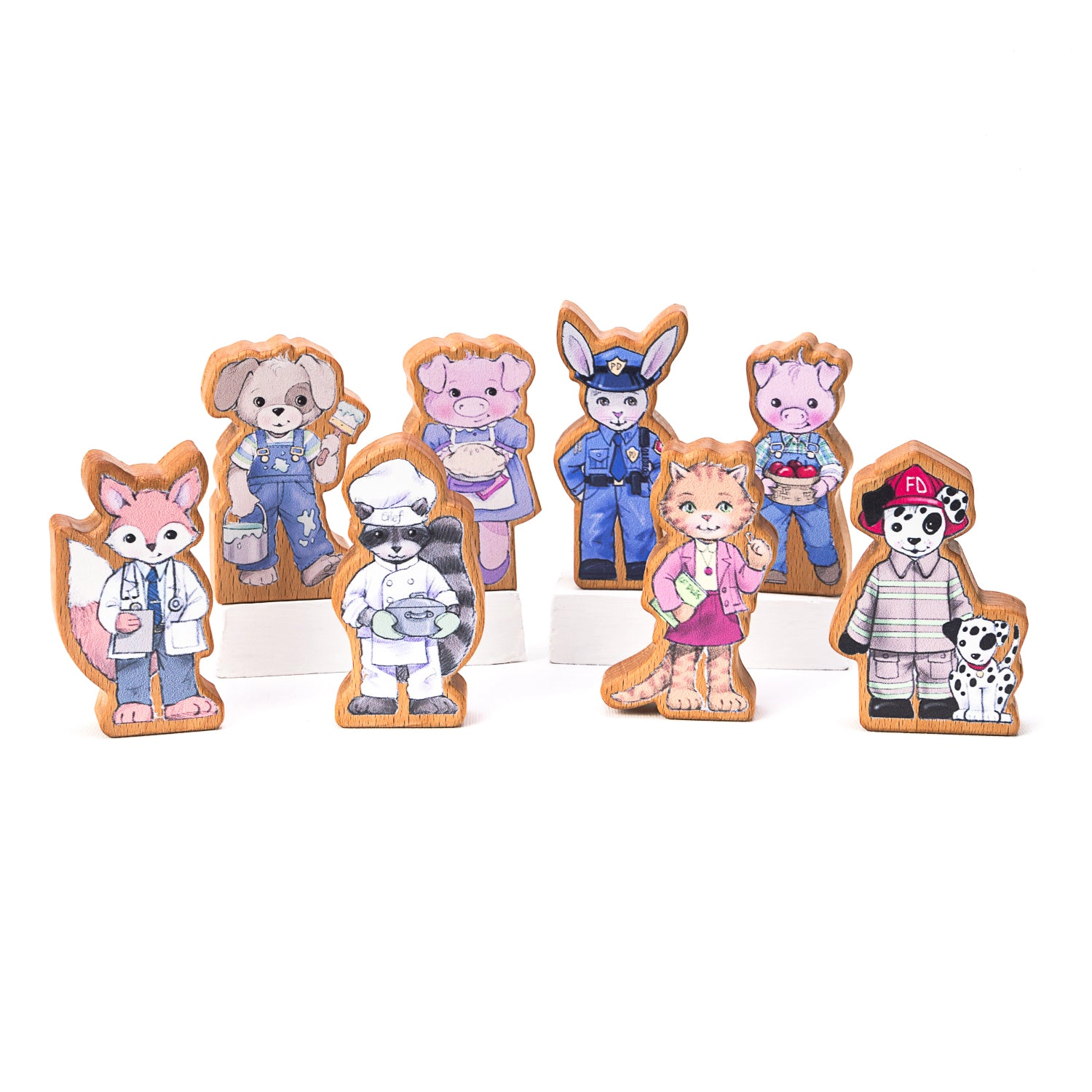 Miller Boys Vintage Toys Finger Puppet Set - 8 Solid Maple Puppets - Occupations - Made in USA