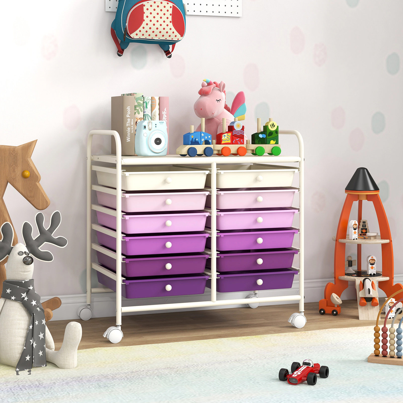 SUGIFT Purple 12-Drawer Rolling Cart Organizer with Plastic Storage Drawers and Locking Wheels for Office