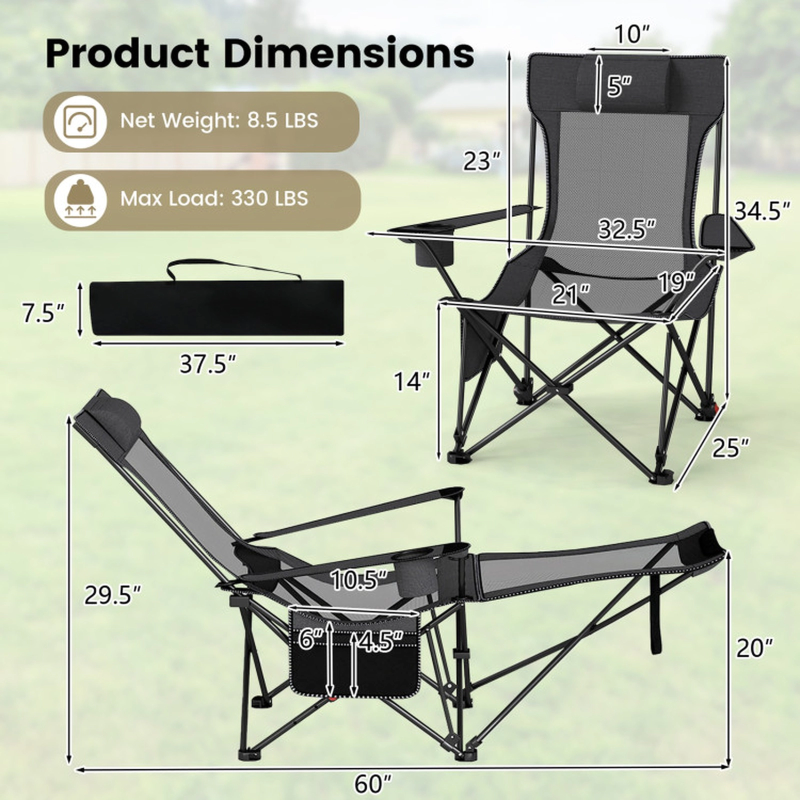 SUGIFT 4-Position Reclining Camping Chair with Removable Footrest 330-lb Capacity Gray/Green