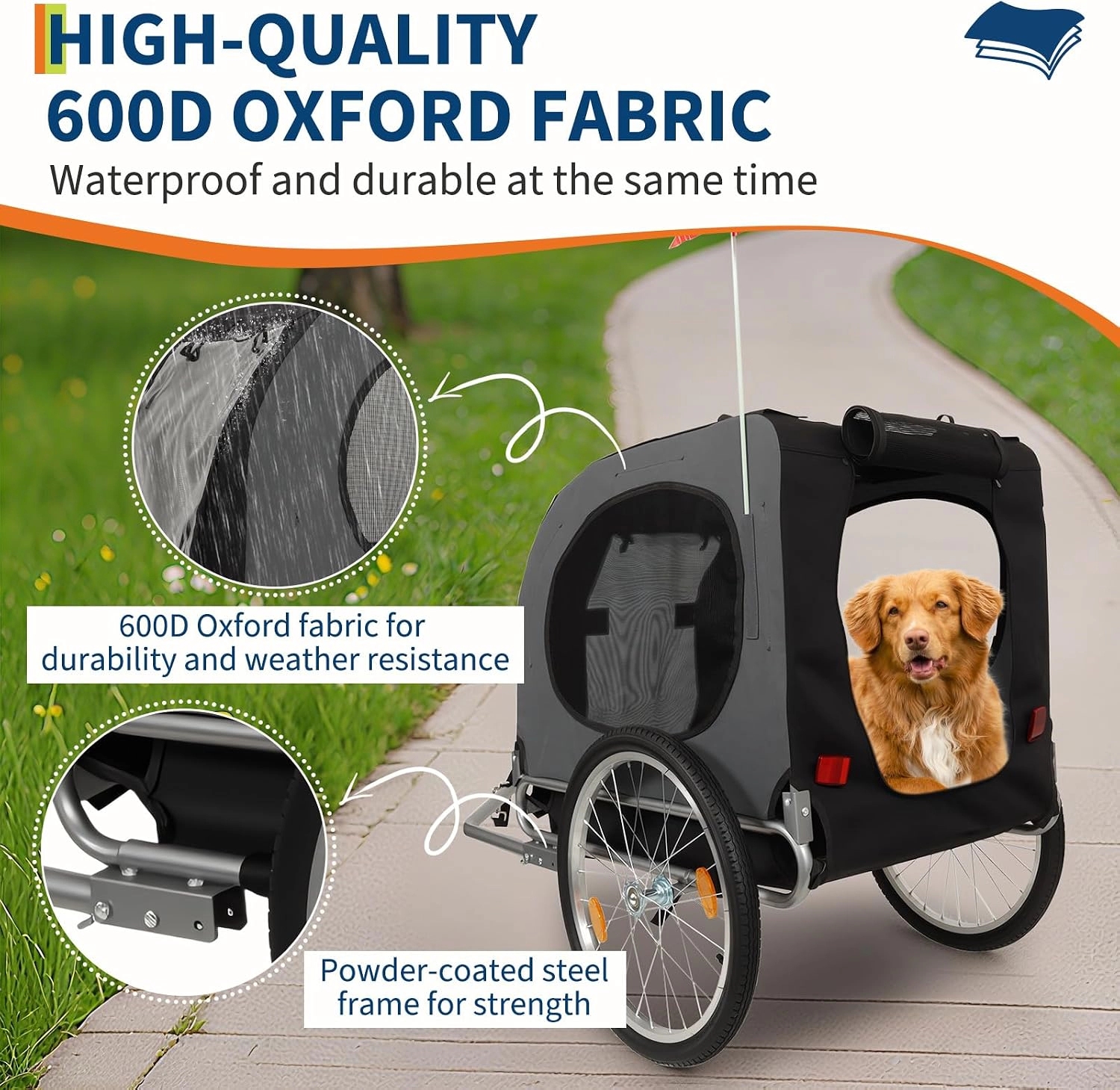 PT2211 Heavy-Duty Pet Bike Trailer, Carbon-Steel 600D Oxford Dog Bicycle Carrier, Dark Gray