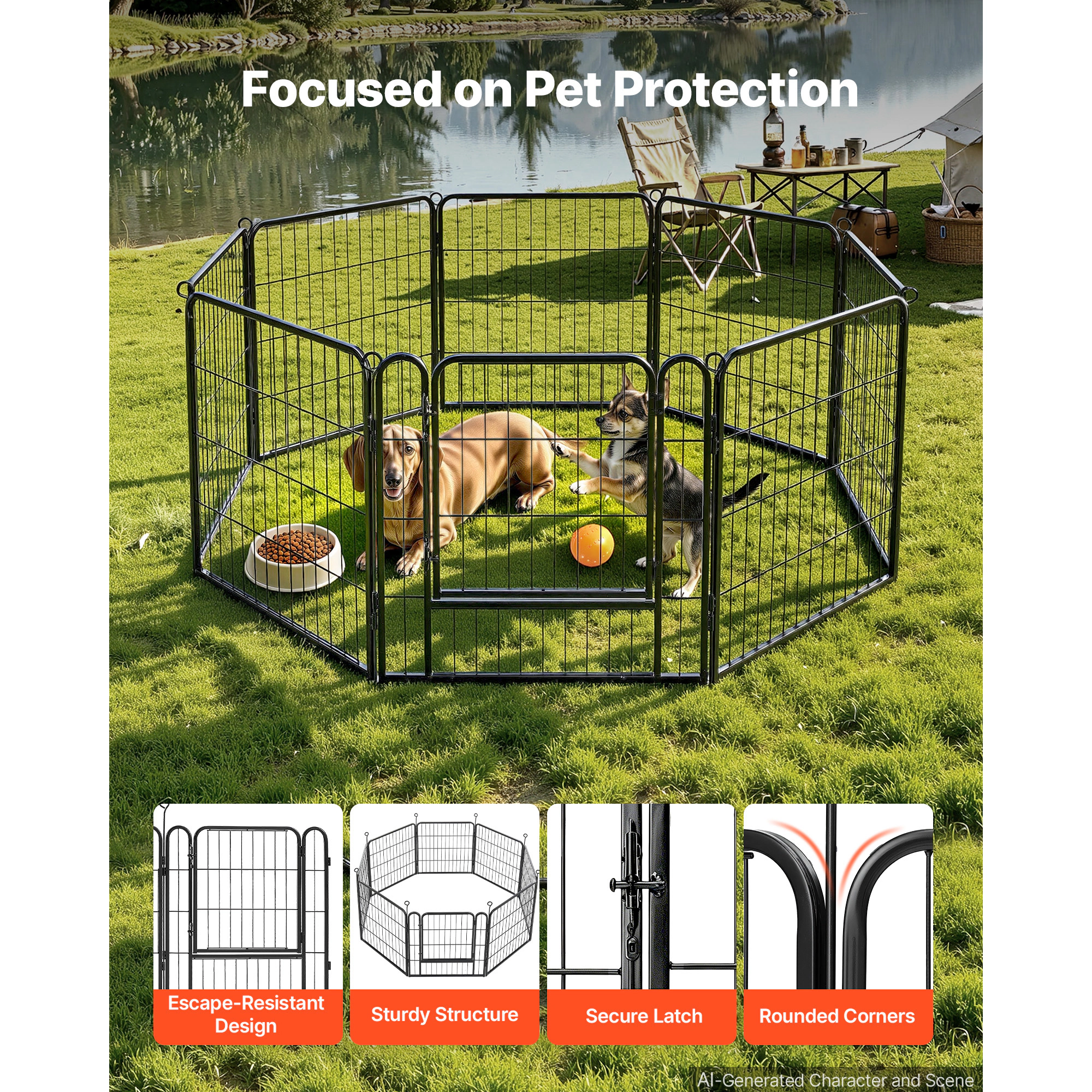 HONGGE 24-Inch 8-Panel Foldable Steel Dog Playpen for Small Dogs, Cats & Small Pets, Indoor/Outdoor, Black