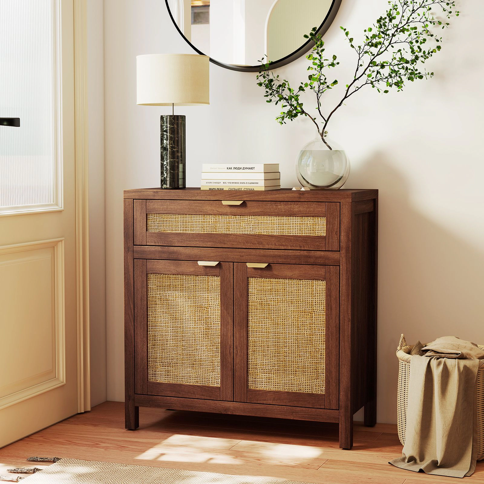 SlickBlue Modern Storage Cabinet with Drawer and Rattan Accents for Dining Room