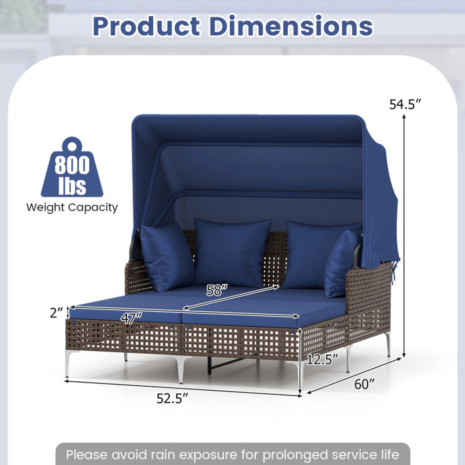 SUGIFT Outdoor Wicker Daybed, 800-lb Capacity, Retractable Canopy, Navy