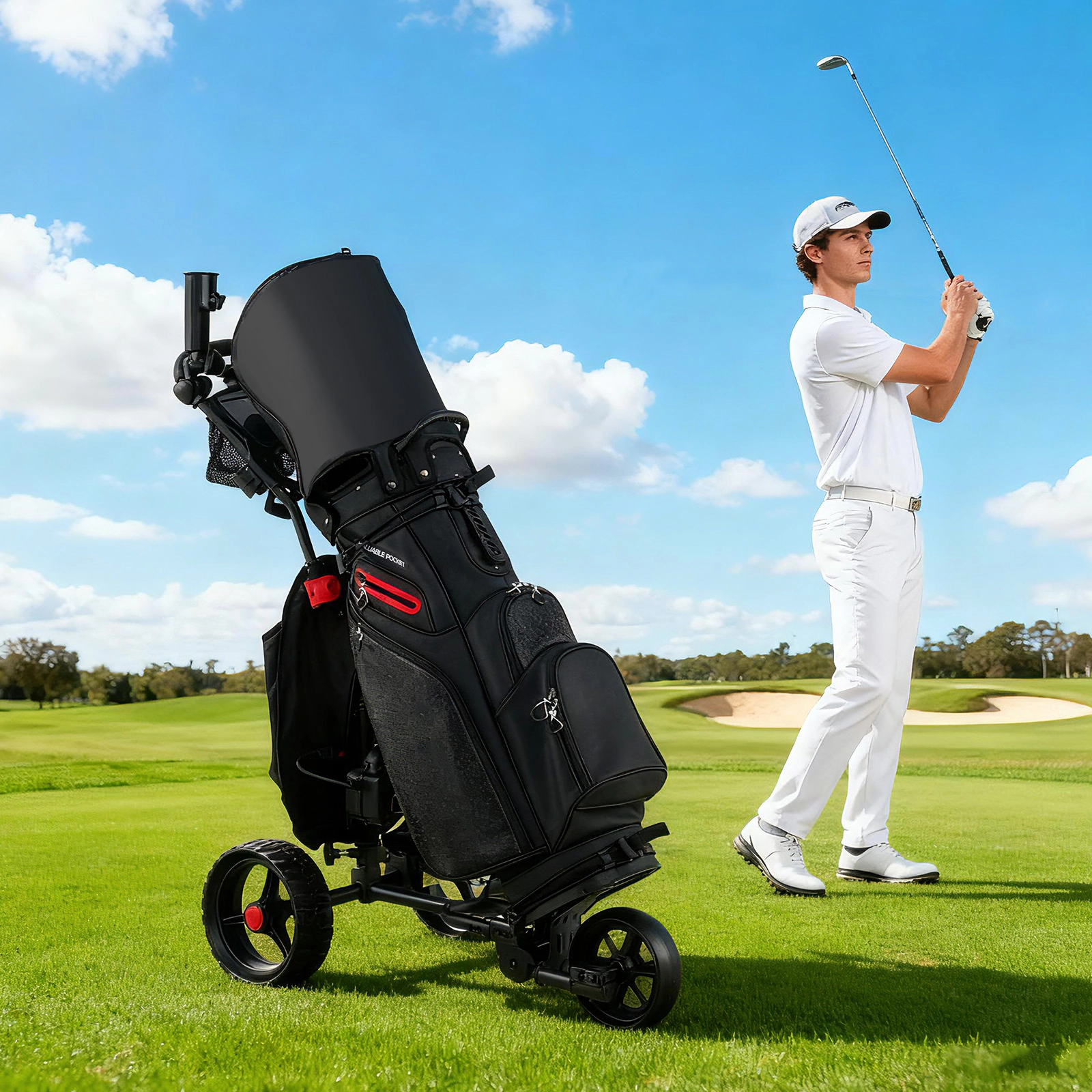 SUGIFT 3 Wheel Golf Bag Cart with Adjustable Handle and 9 Speed Settings 33-lb Capacity Black