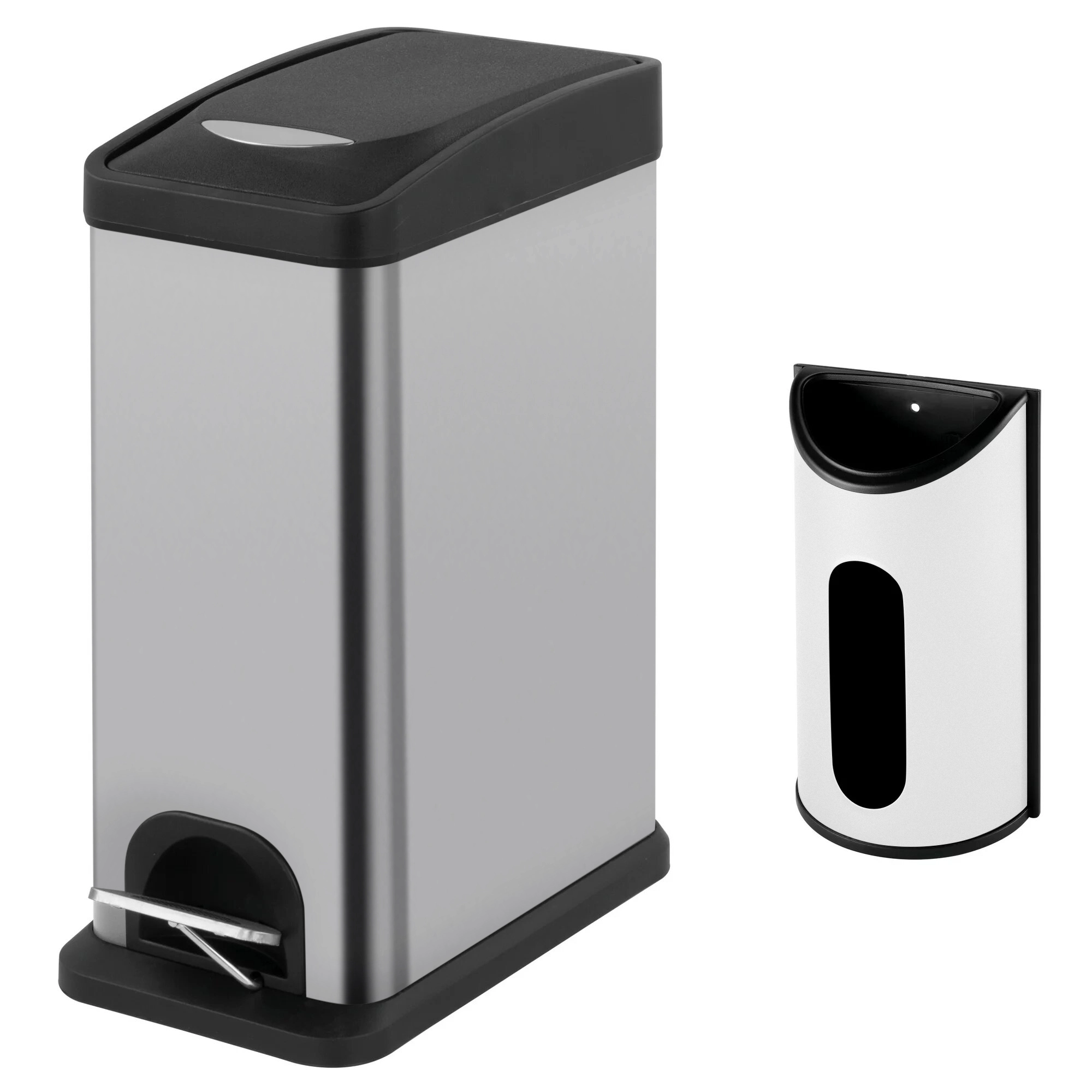 Innovaze Slim Stainless Steel Trash Can, 2.1 Gallon / 8L Step Waste Basket and Wall-Mounted Bag Holder Set