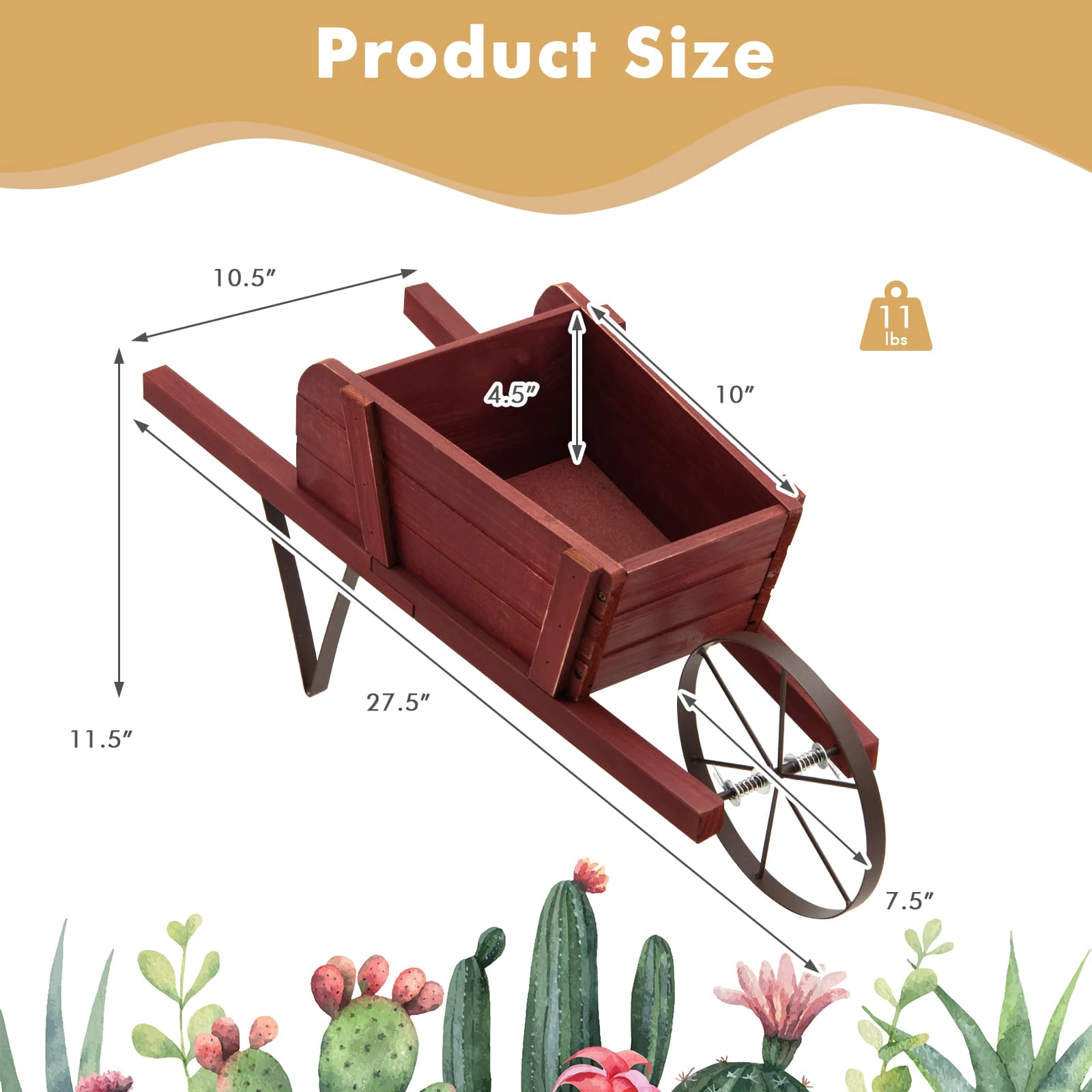SUGIFT Wooden Wagon Planter Red with 9 Magnetic Accessories and 7.5 in Wheels