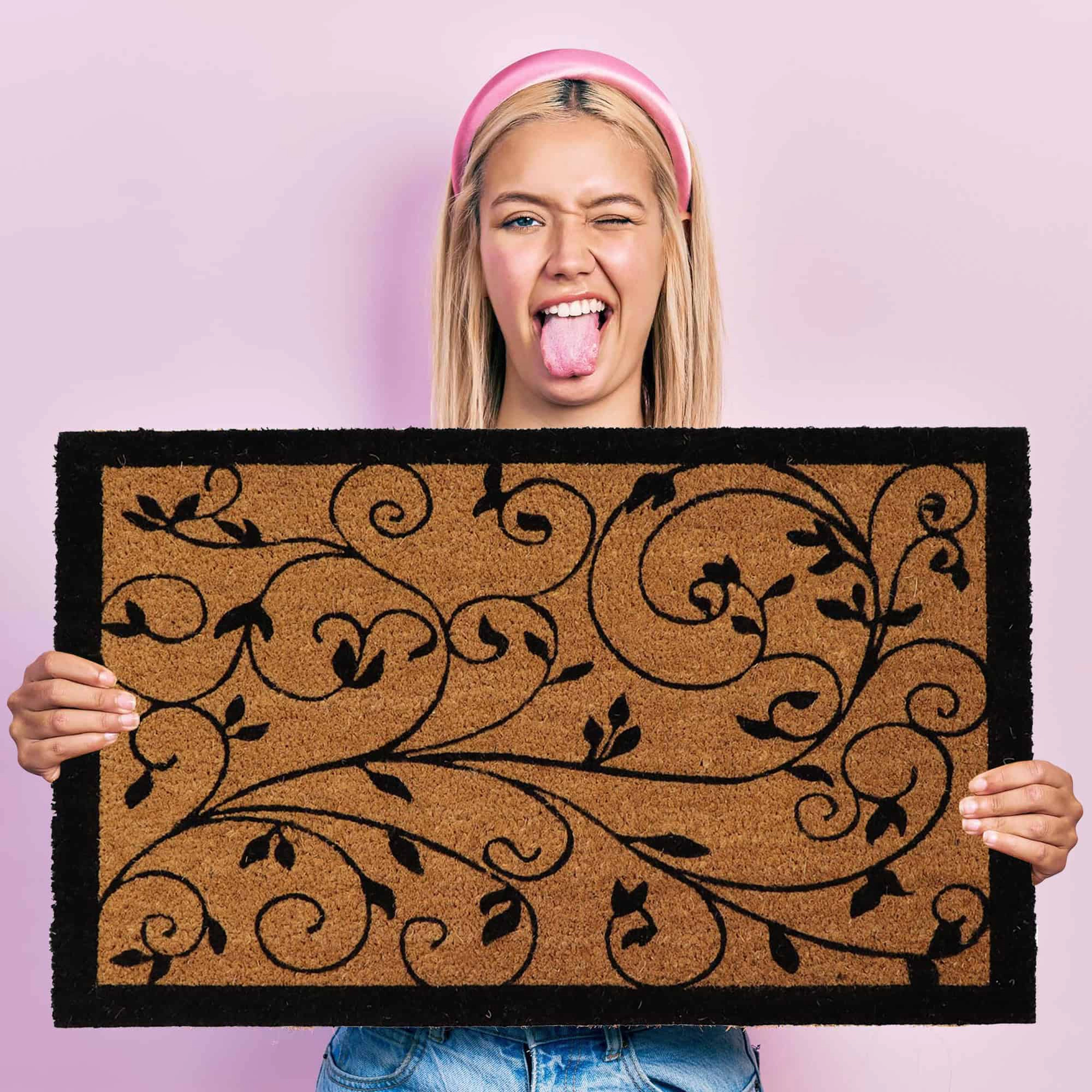 Evideco French Home Goods Natural and Black Leafy Vine Coir Doormat 30 x 18 Inches