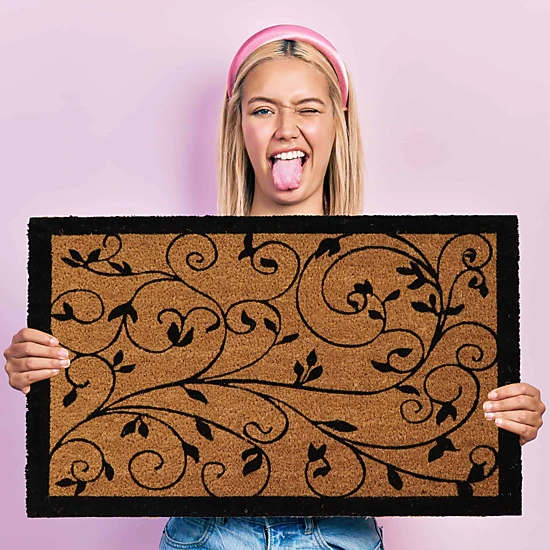 Evideco French Home Goods Natural and Black Leafy Vine Coir Doormat 30 x 18 Inches