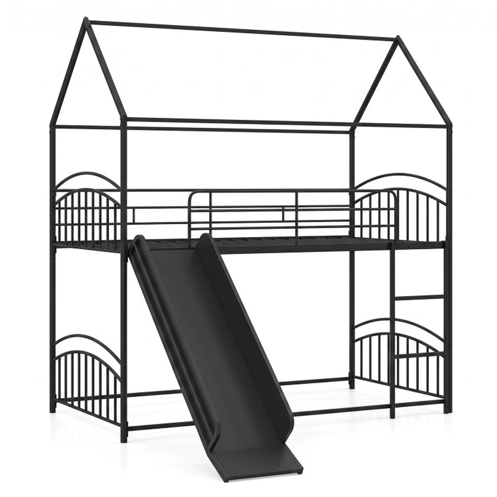 SUGIFT Black 54-in Slide Ladder and Metal Slats Twin Over Twin Kids House Bunk Bed