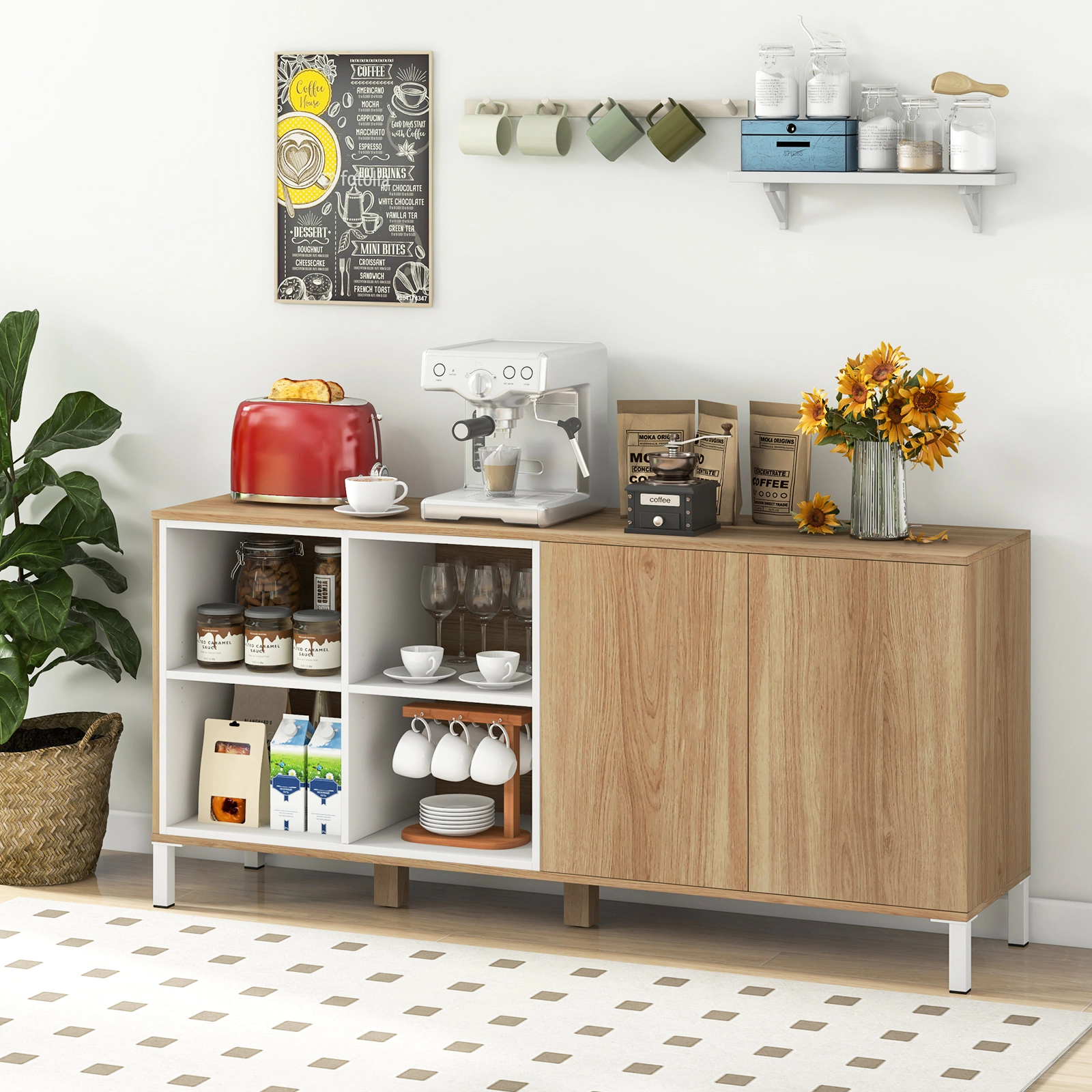 LJG 63 Inches Buffet Sideboard with 4 Compartments and Push-to-Open Cabinet