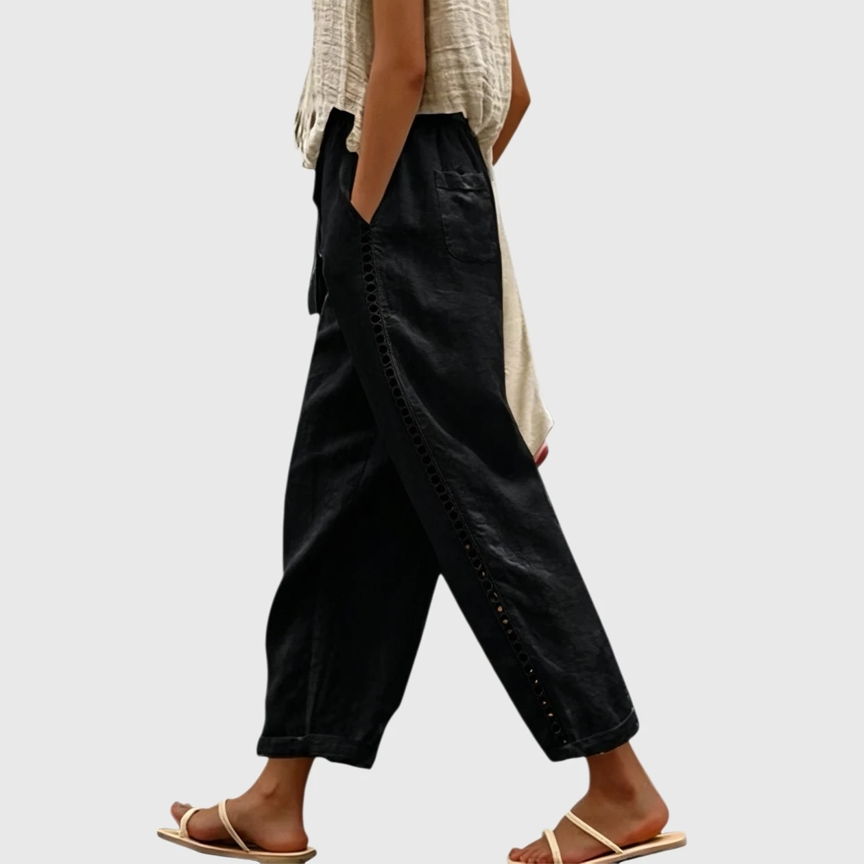 YesFashion Women's Linen Ankle Pants Lightweight Beachwear Elastic Waist Capri with Drawstring