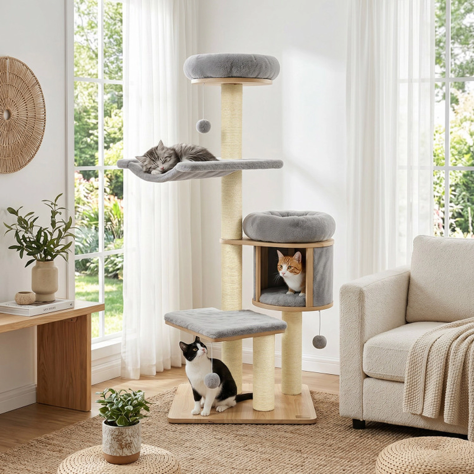 SUGIFT 55-in Solid Rubber Wood Cat Tree with Condo Hammock and Scratching Posts 33-lb Capacity Natural + Gray