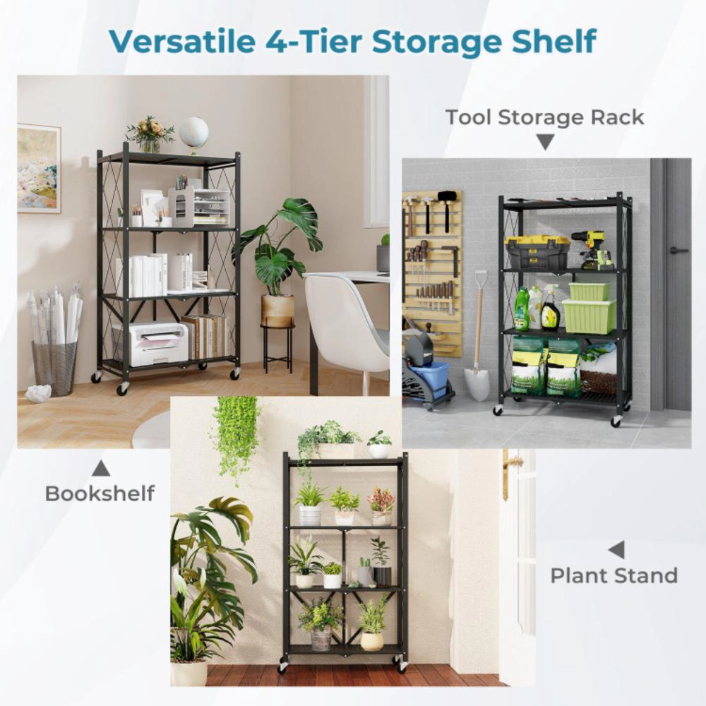 Hivvago 4-Tier Foldable Storage Shelf Collapsible Storage Rack with Lockable Wheels-Black