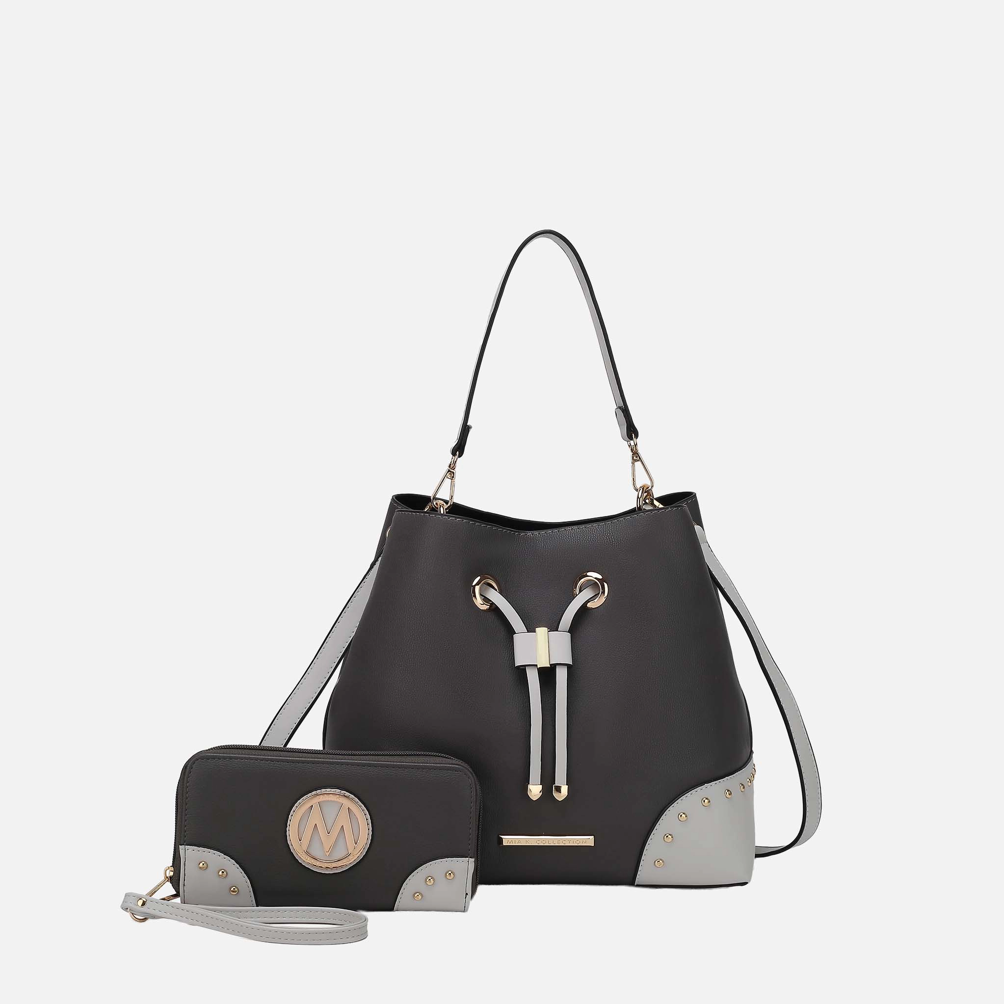 Mia K Collection Candice Color Block Vegan Leather Bucket Bag with Matching Wallet