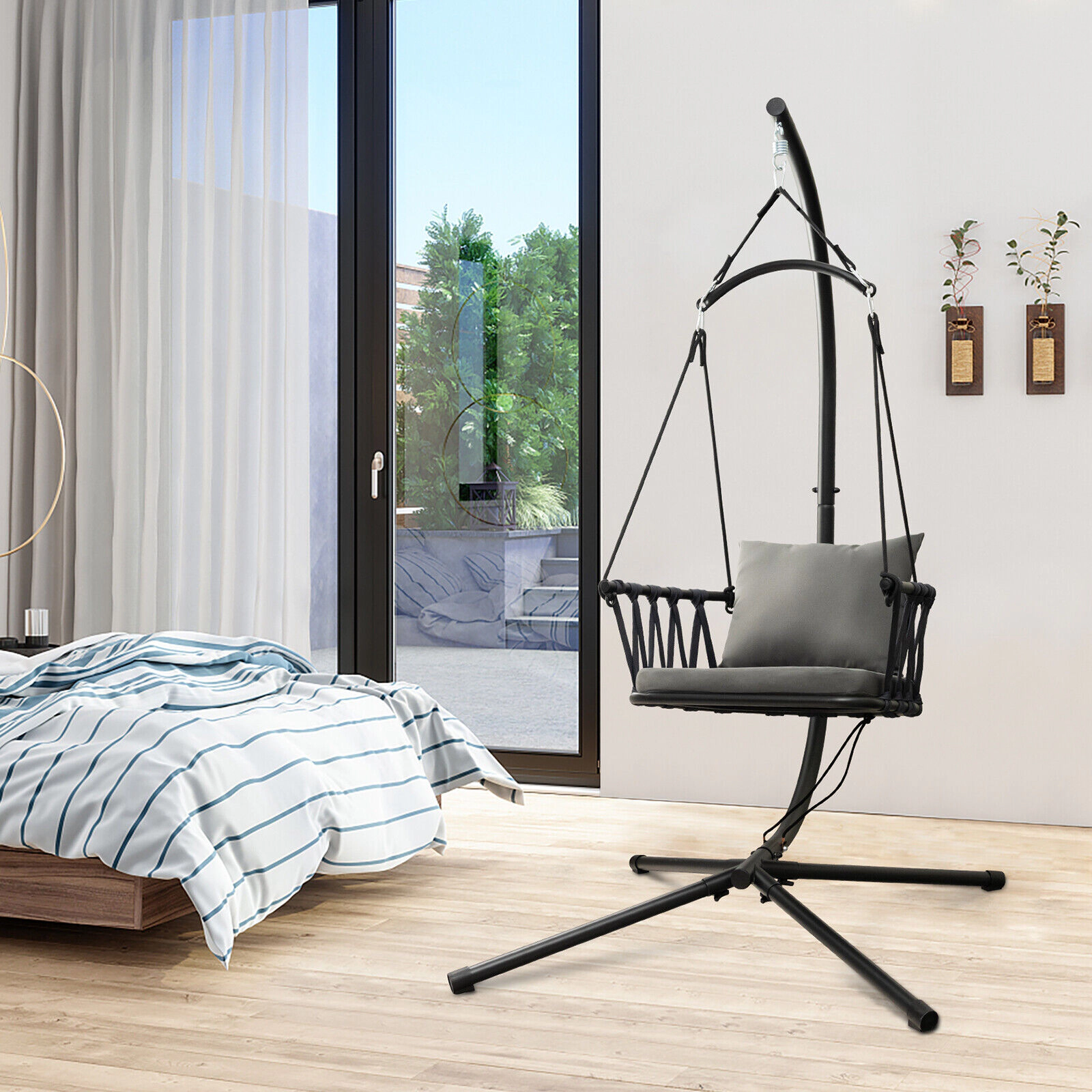 SUGIFT Gray Hanging Swing Chair with Stand and Padded Cushions 42-in W 39.5-in D 77.5-in H 330-lb Seat Capacity