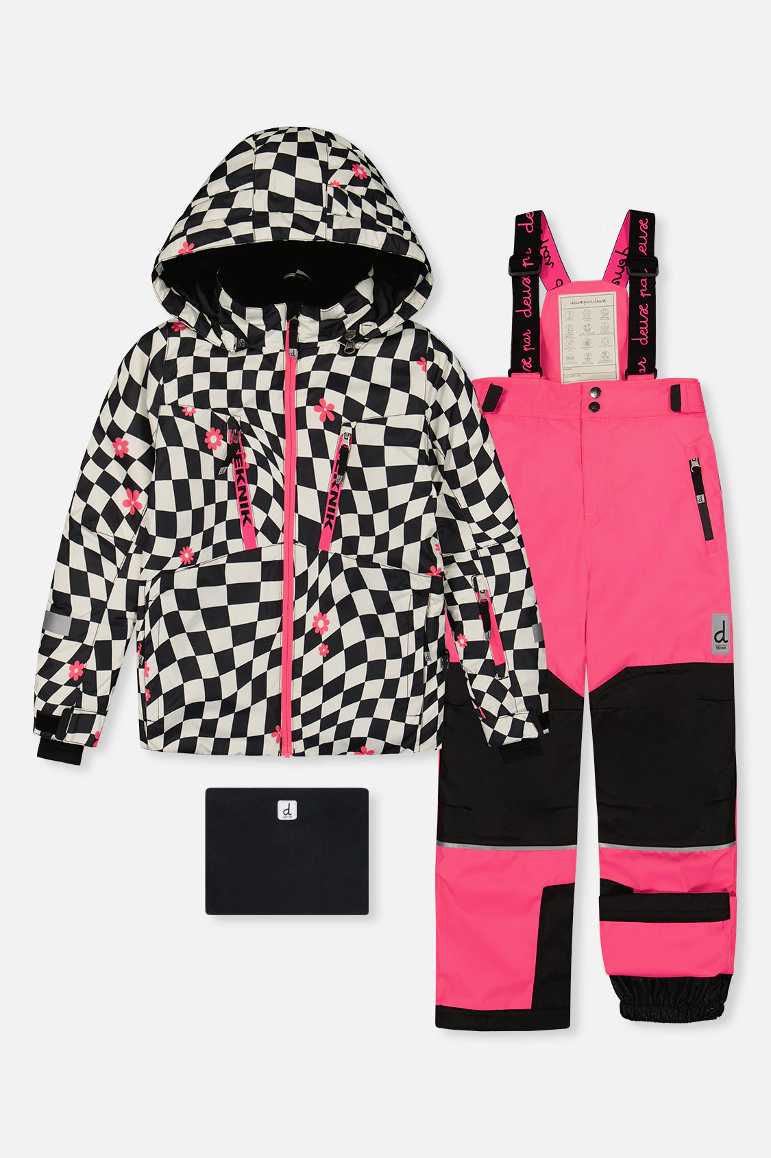 Deux par Girls Two Piece Teknik Checkered Print Snowsuit with Hooded Jacket and Snow Pants
