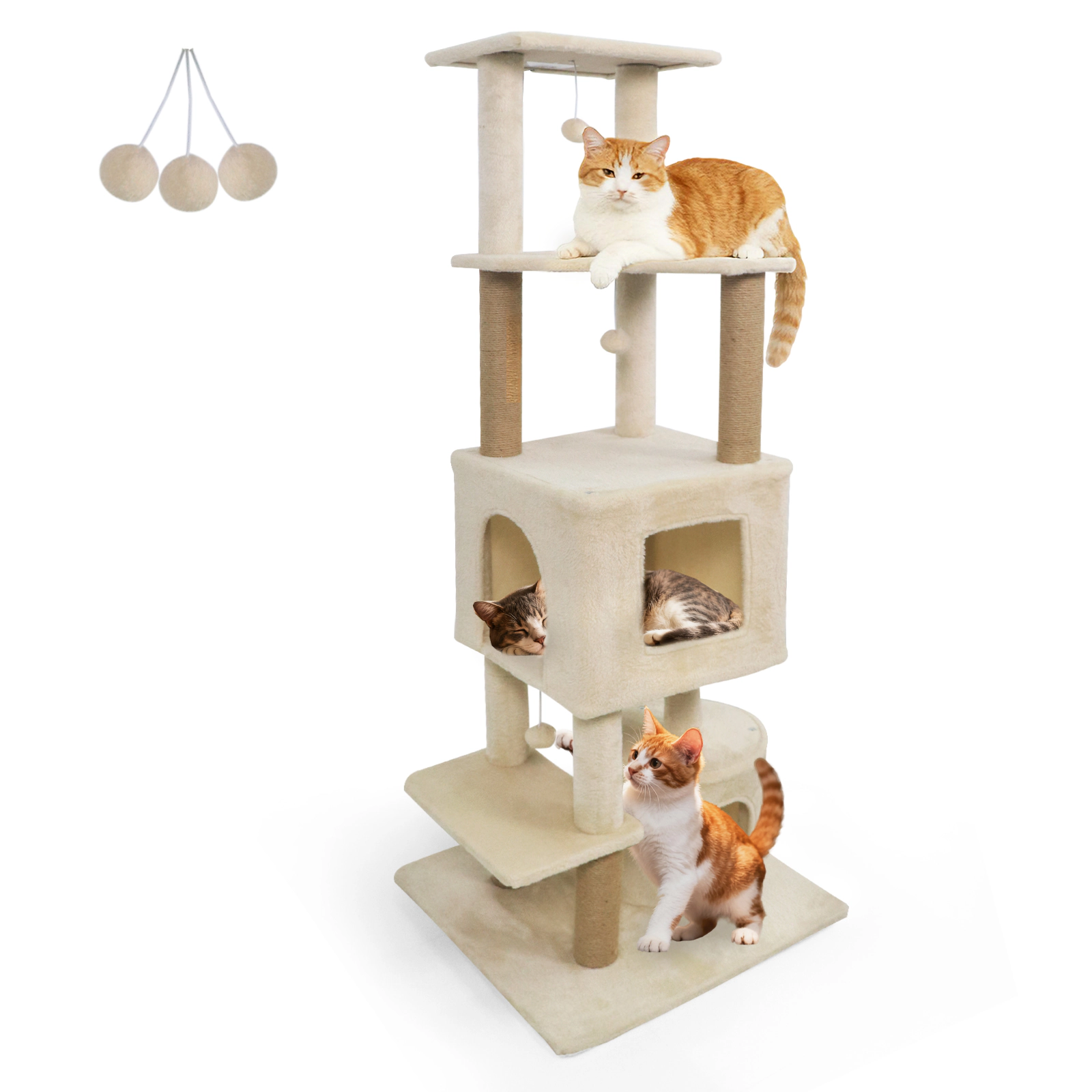 SUGIFT 64-in Tall Cat Tree with 2 Large Condos, 24 x 24-in Base and Jute Scratching Posts 33-lb Capacity Beige